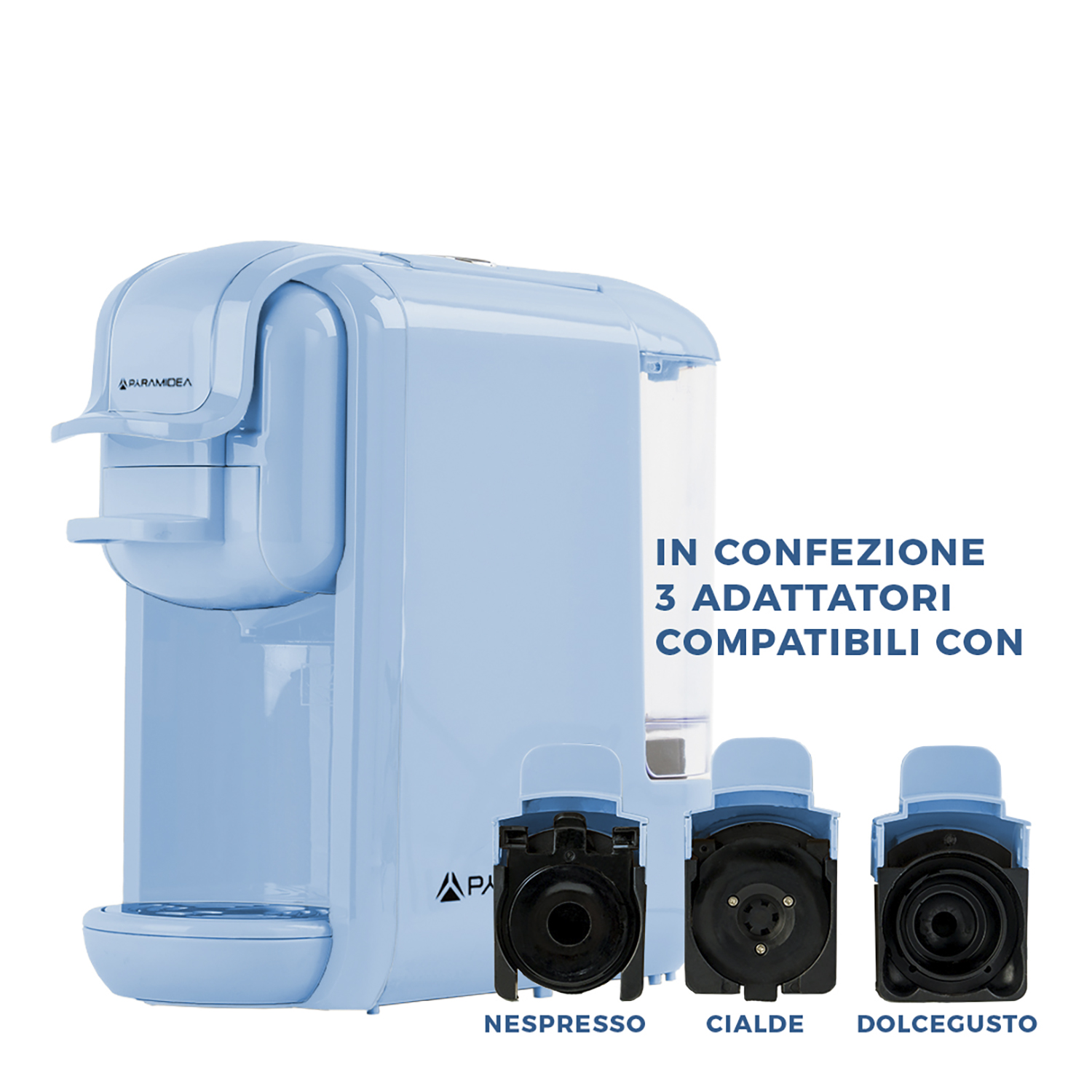 Macchina caffè azzurra con 3 adattatori, sfondo bianco, testo italiano.
