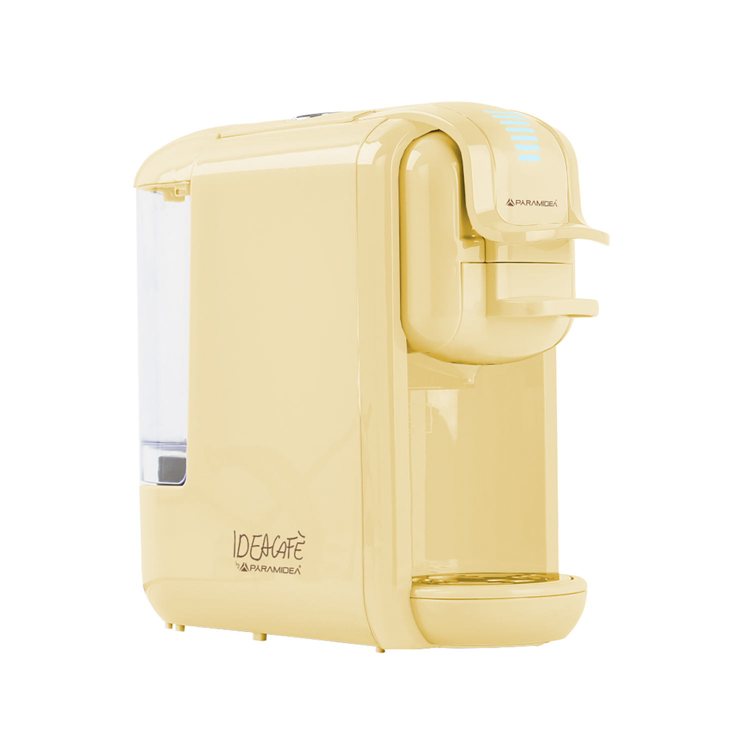 Macchina da caffè Ideacafé gialla su sfondo bianco.