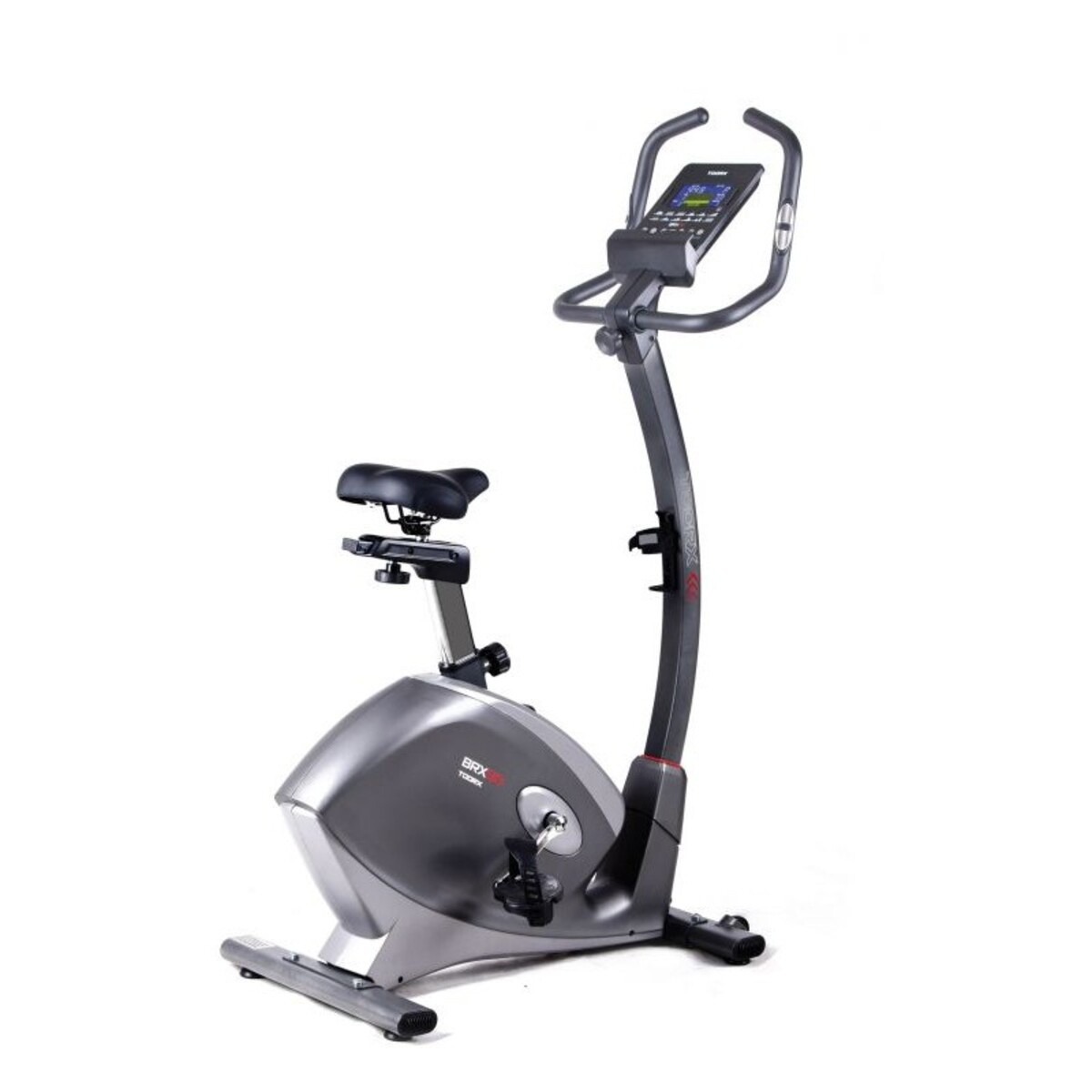 Bicicletta da esercizio grigia con display digitale, sella e manubrio regolabili, su sfondo bianco.