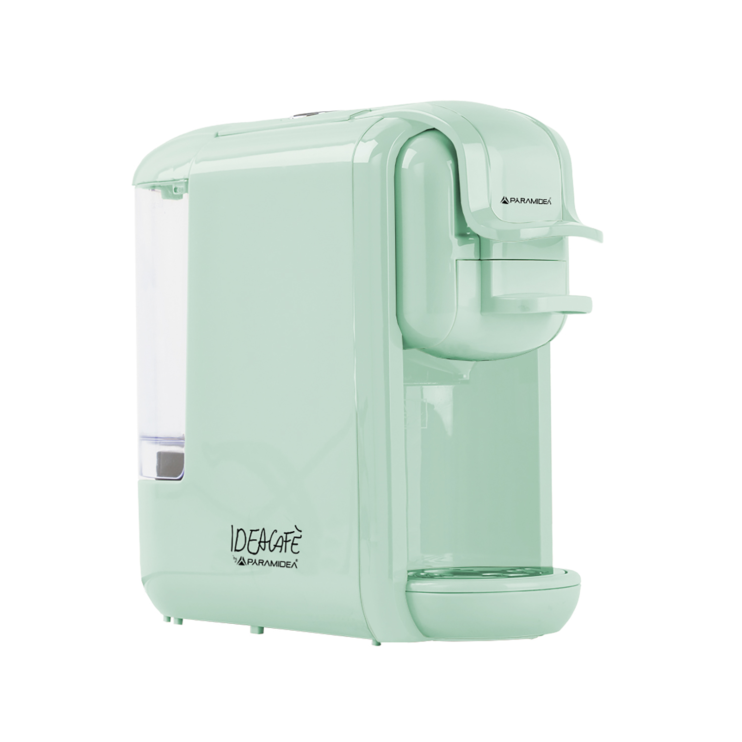 Una macchina da caffè IDEA CAFE verde menta. Ha un serbatoio dell'acqua trasparente e una maniglia verde menta.