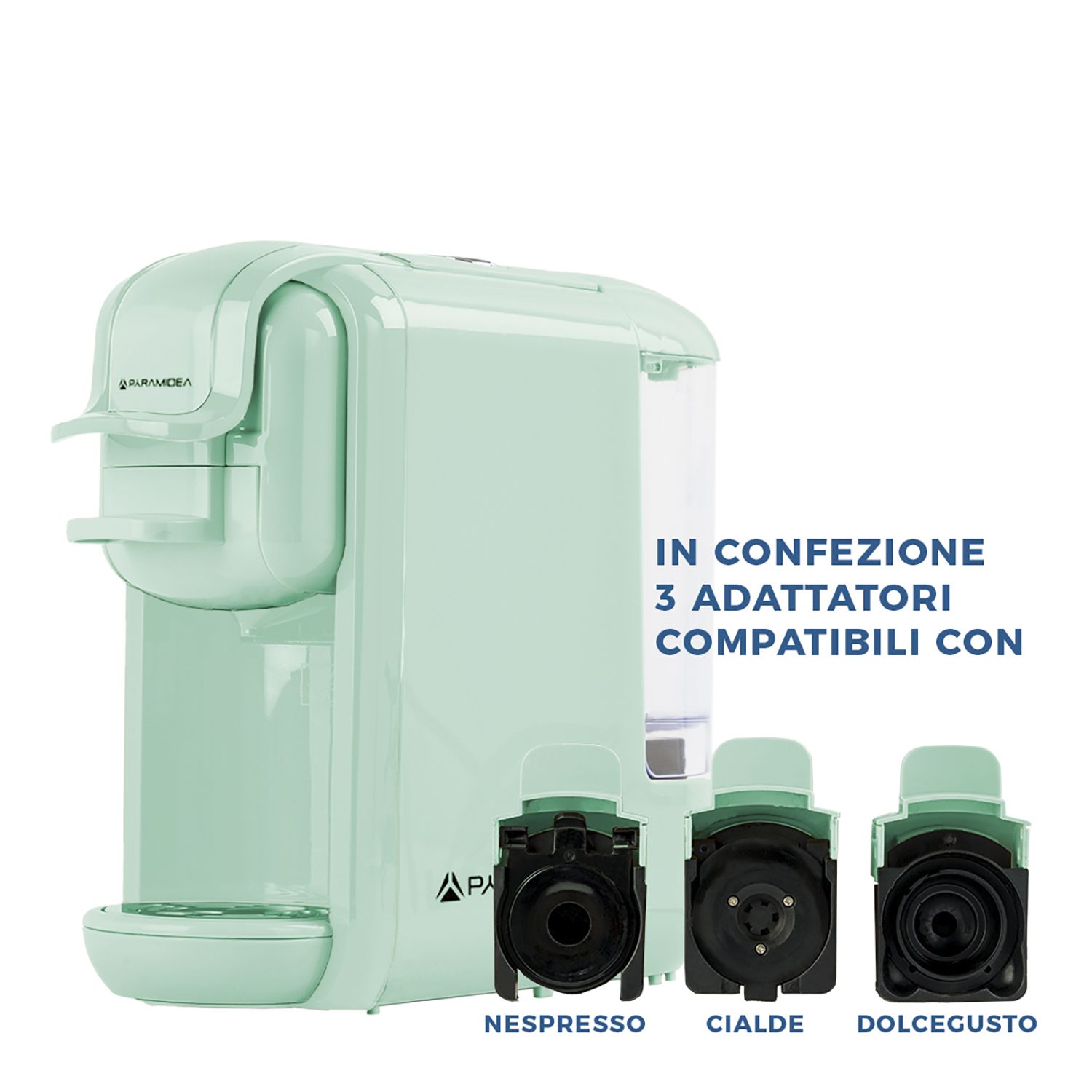 Una macchina da caffè verde menta con tre adattatori per capsule.