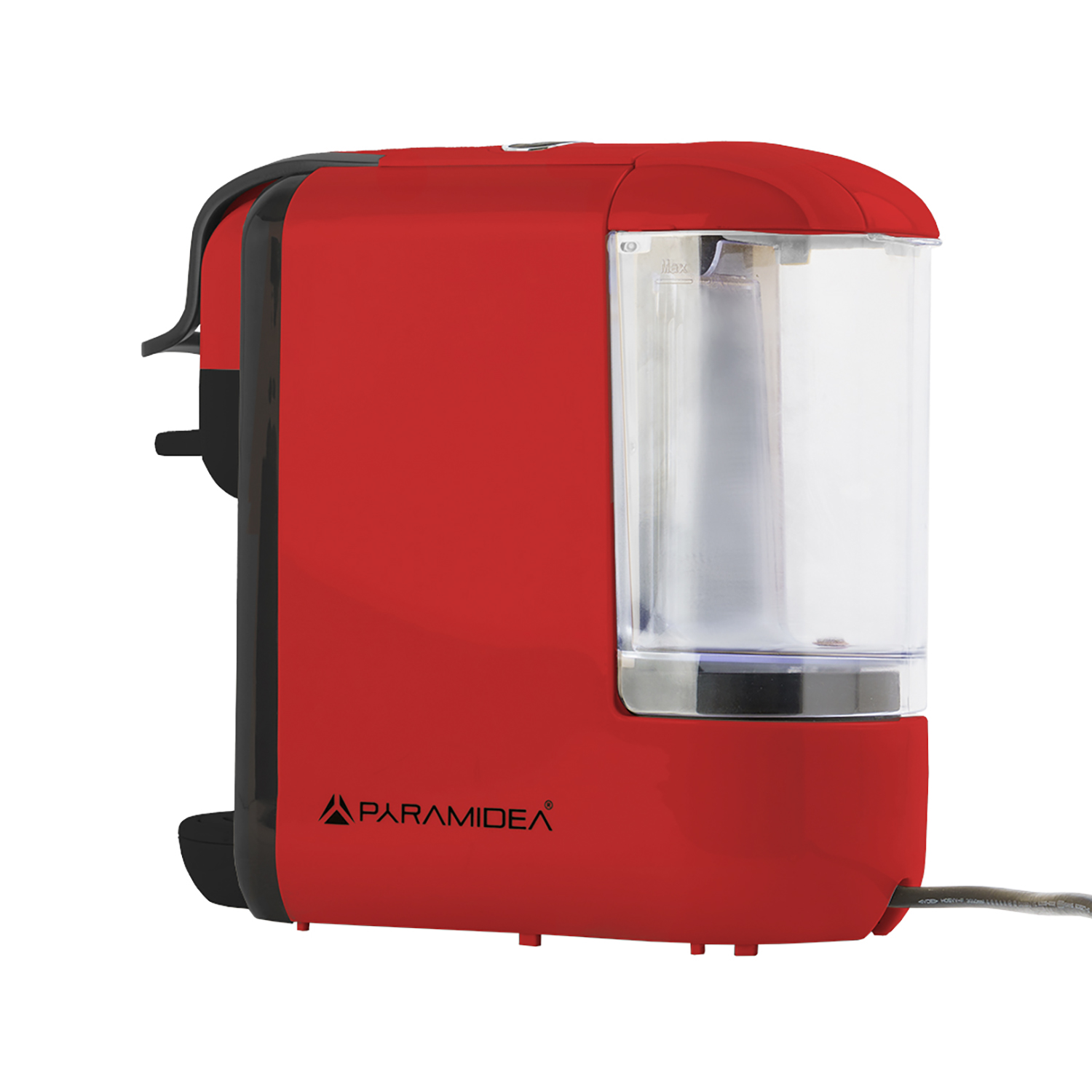 Una macchina da caffè rossa con accenti neri e il logo Paramidea.