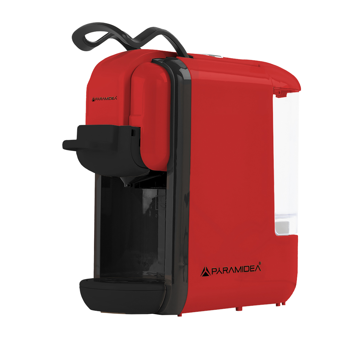 Una macchina da caffè rossa con dettagli neri e marchio.