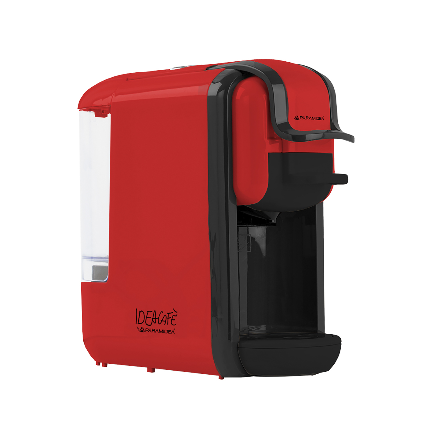 Macchina da caffè Ideacafé rossa su sfondo bianco.