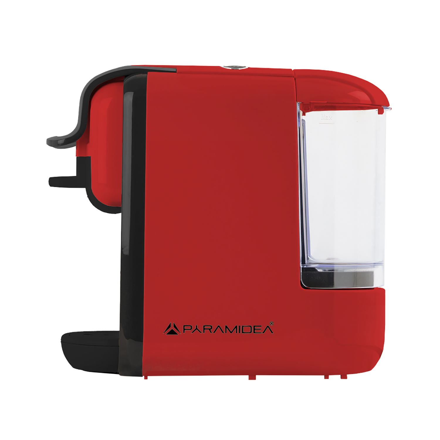 Caffettiera rossa di Paramidea con dettagli neri. Ha un serbatoio dell'acqua trasparente.