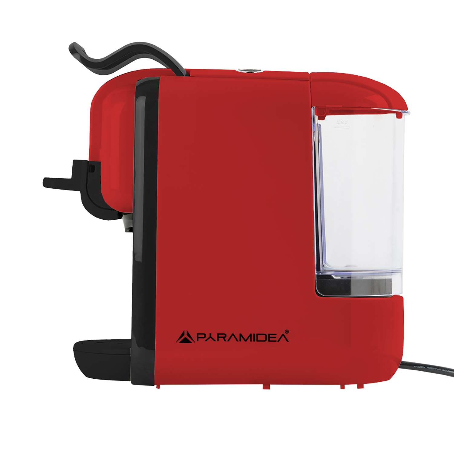 Caffettiera rossa di Paramidea, vista laterale. Ha un serbatoio dell'acqua trasparente e un cavo di alimentazione.
