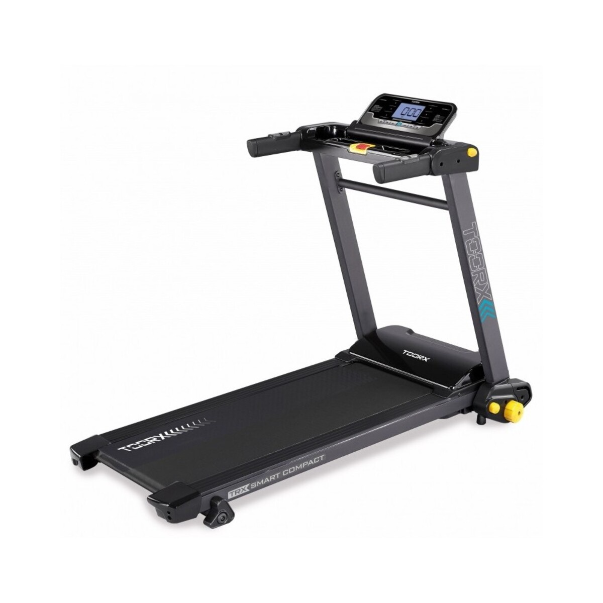 Tapis roulant nero e grigio con display, corrimano e marchio 'TOCRX'.