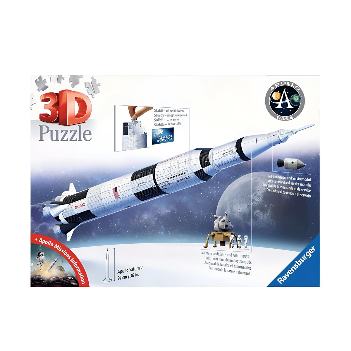 Pudełko z puzzlami 3D z rakietą, księżycem i astronautami. Widoczne logo NASA.