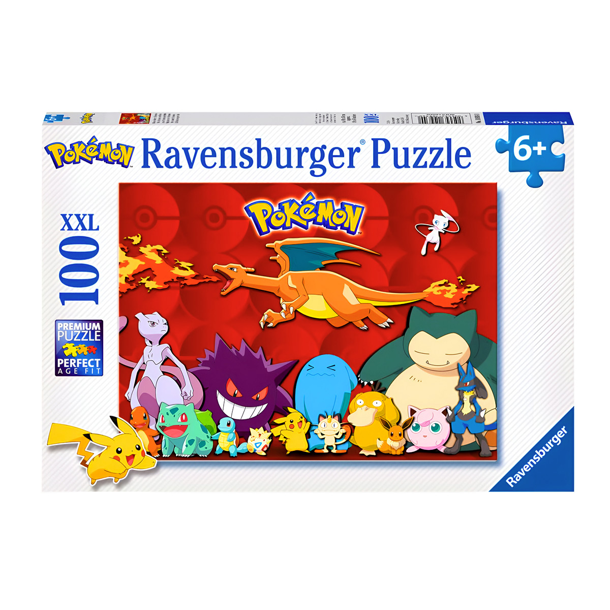 Pudełko z puzzlami Pokemon. Pokazuje różne postacie Pokemon, z Charizardem w centrum i rozmiarem puzzli 100 XXL.