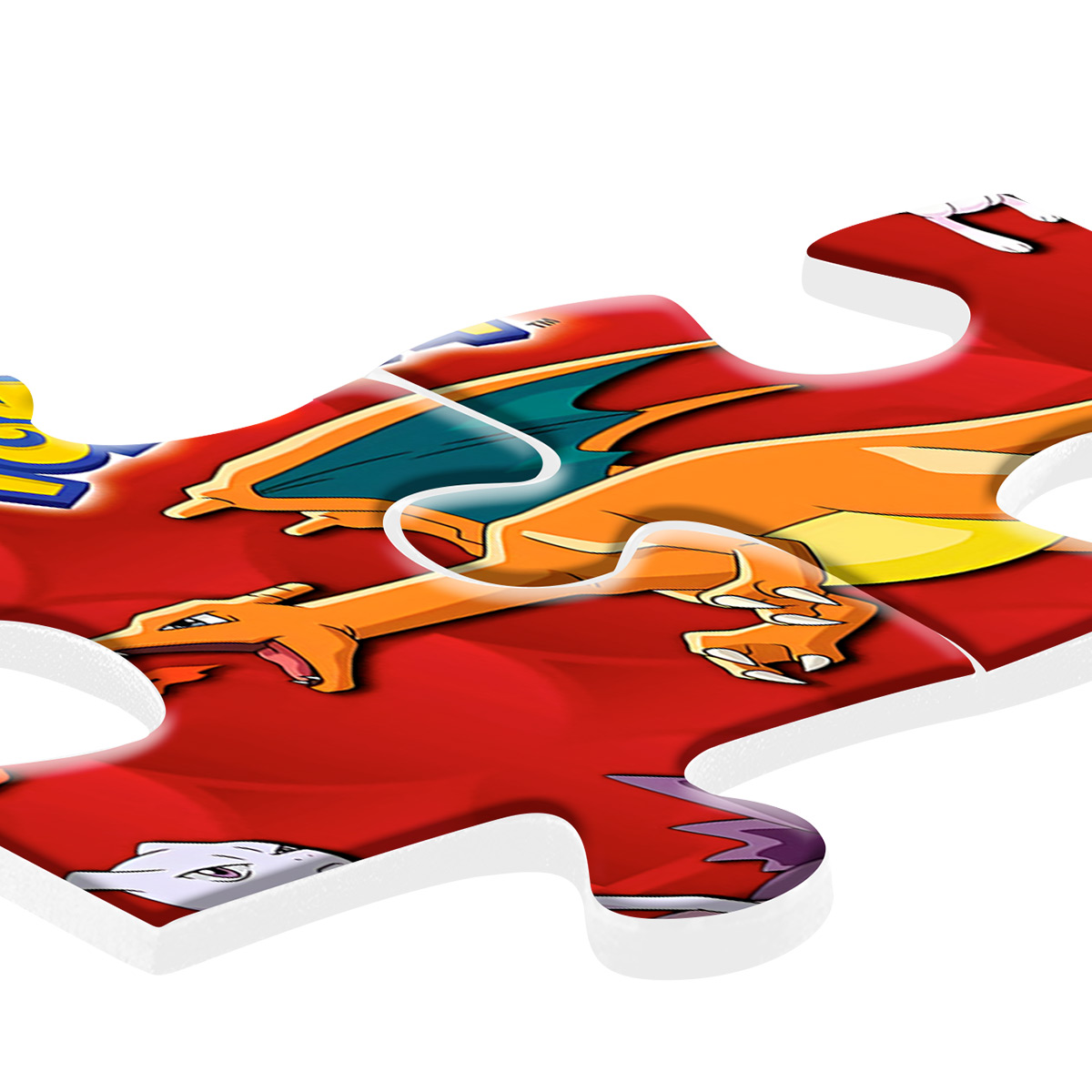 Elementy układanki z Charizardem z Pokemona. Czerwone i białe tło. Jasne kolory.