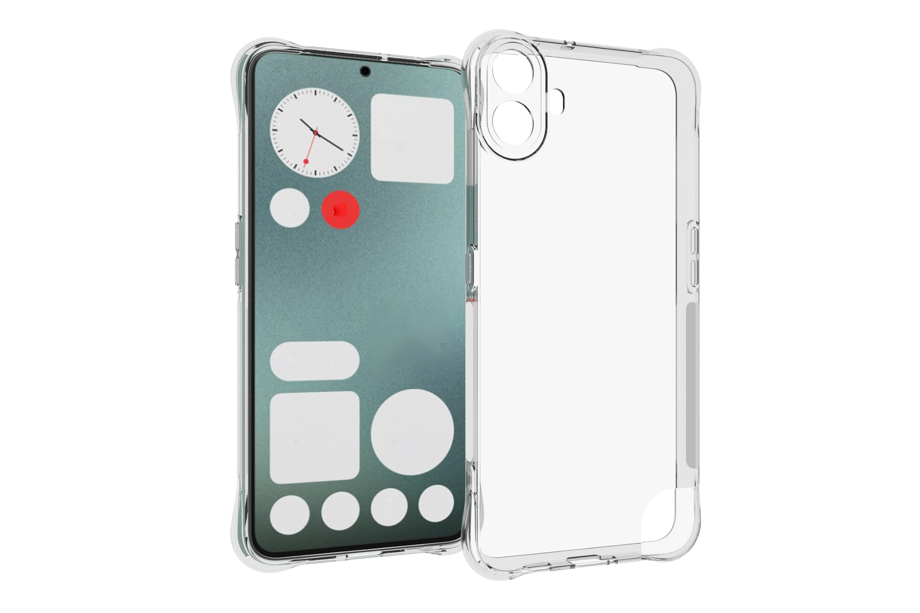 Transparente Handyhülle und ein Handy mit grünem Bildschirm, das eine Uhr und andere UI-Elemente anzeigt.