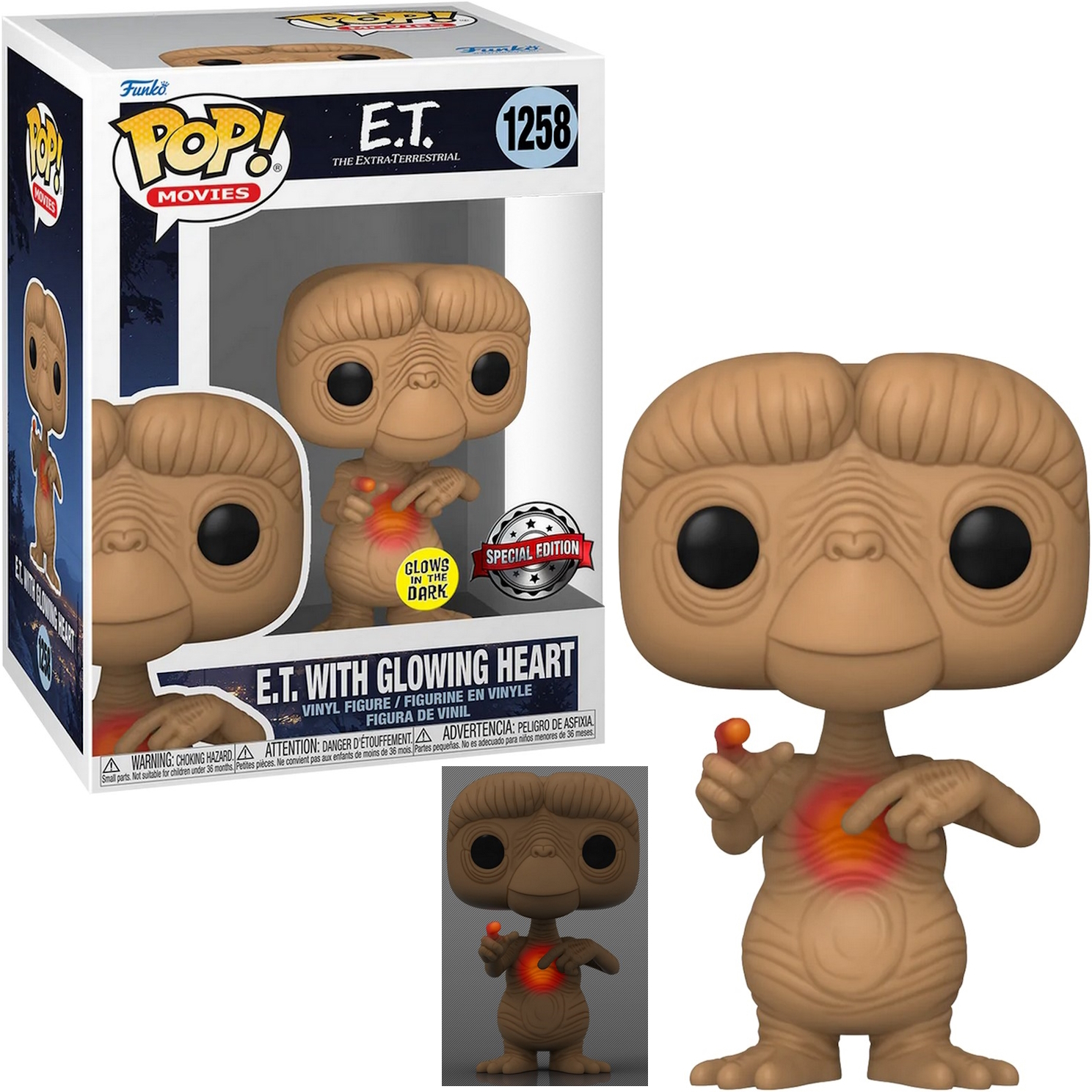 Figura de E.T. Funko Pop con corazón brillante, en una caja. La figura es beige.