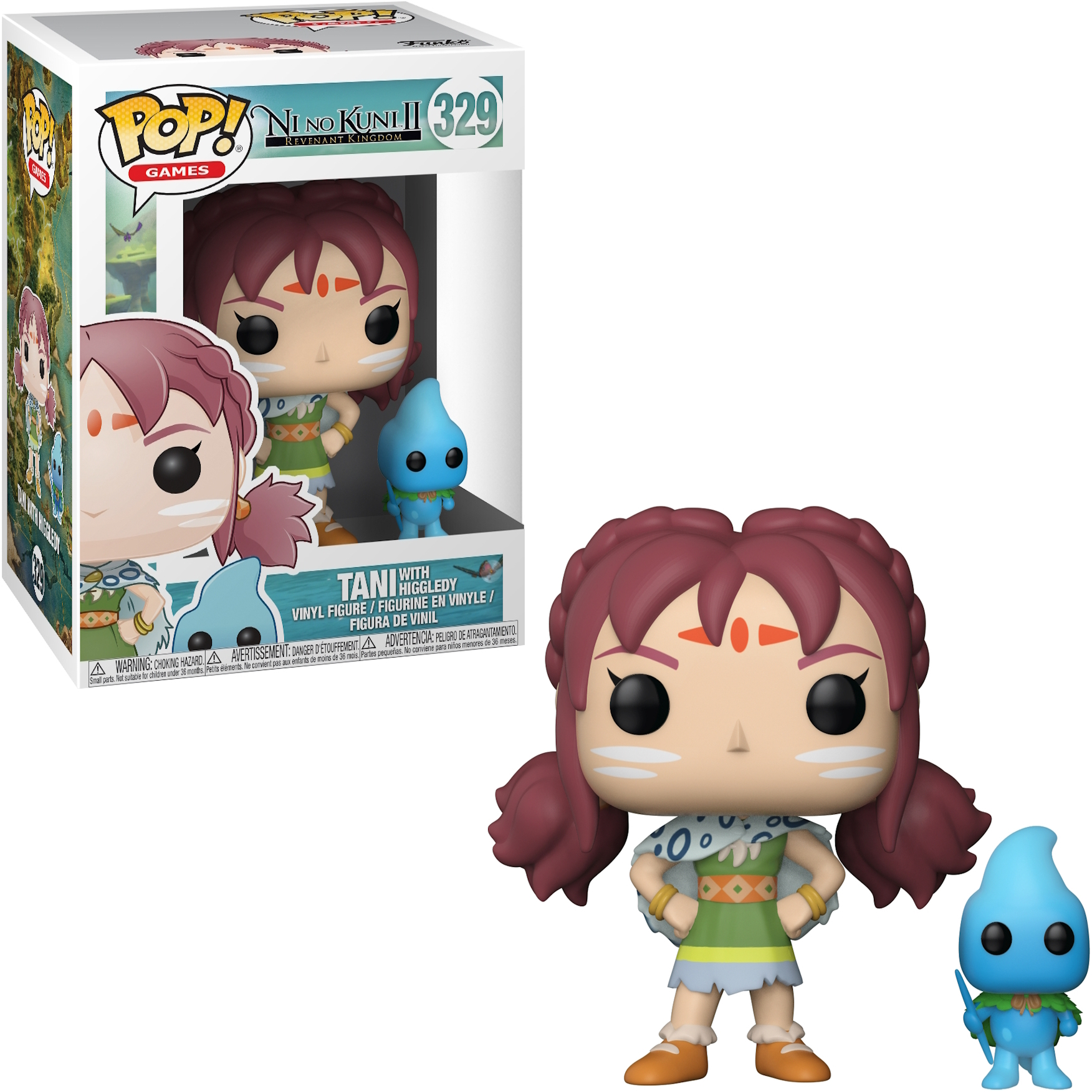Tani-Figur mit Box. Rotes Haar, grünes Kleid und blauer Wassergeist.