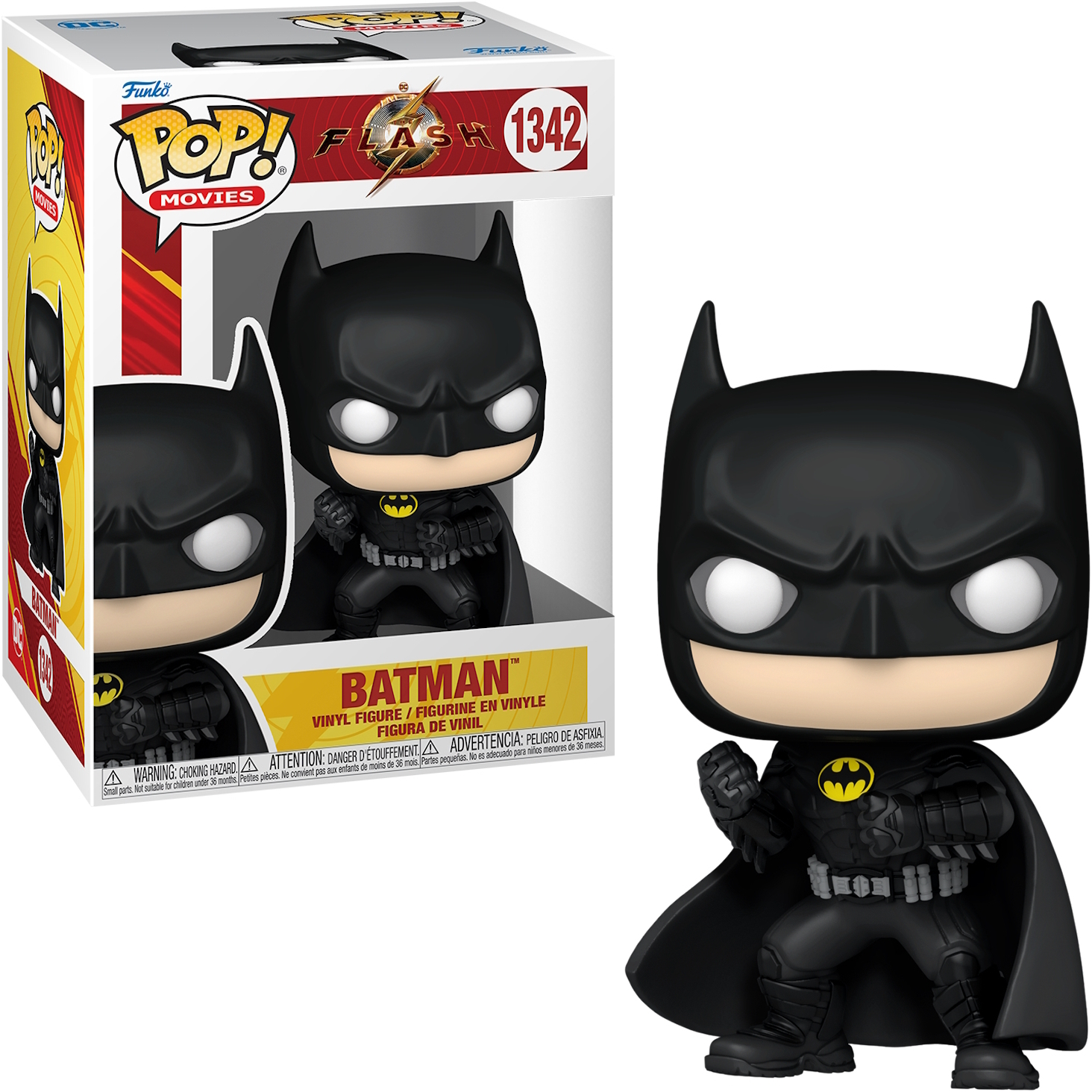 Una figura de Batman Funko Pop en su caja. La figura es negra y Batman está en pose de lucha.