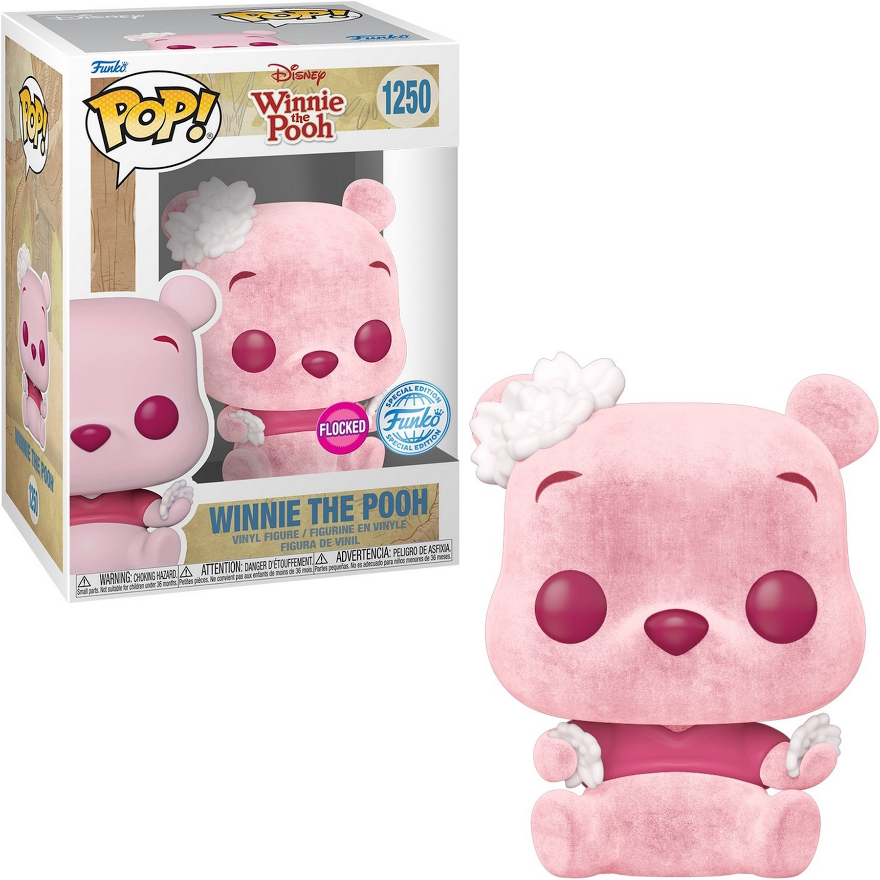 Figura Funko Pop floccata di Winnie the Pooh in scatola e fuori. È rosa, indossa sciarpa e cappello.