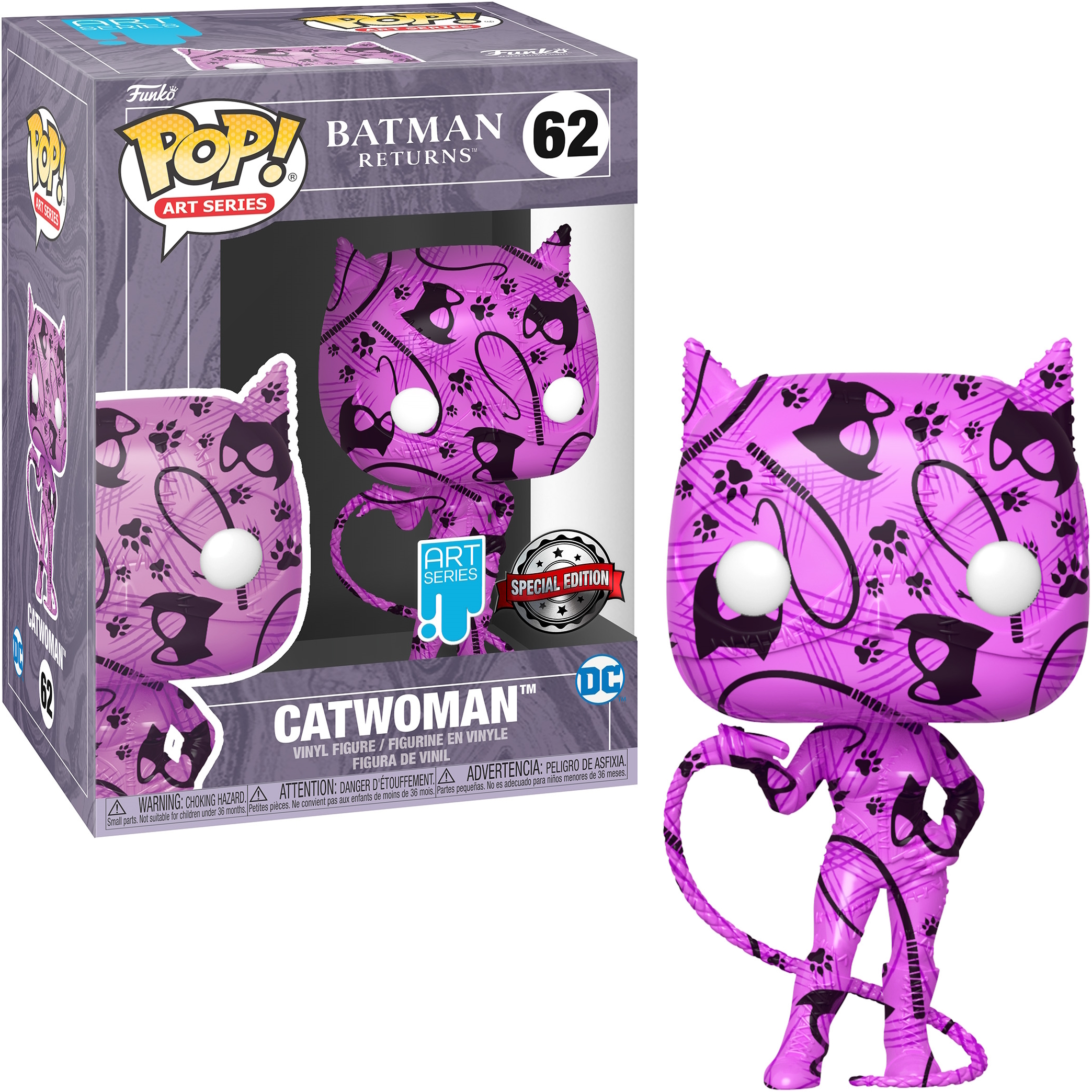 Catwoman Art Series Funko Pop Figur in der Box. Pinker Anzug, schwarze Maske, hält eine Peitsche.