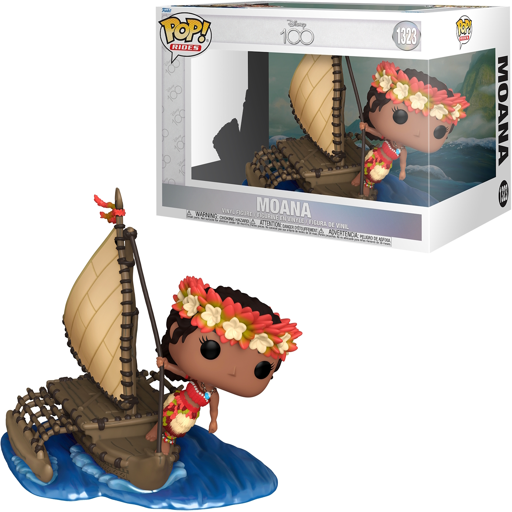 Figura de Moana Funko Pop en un bote, con la caja en el fondo.