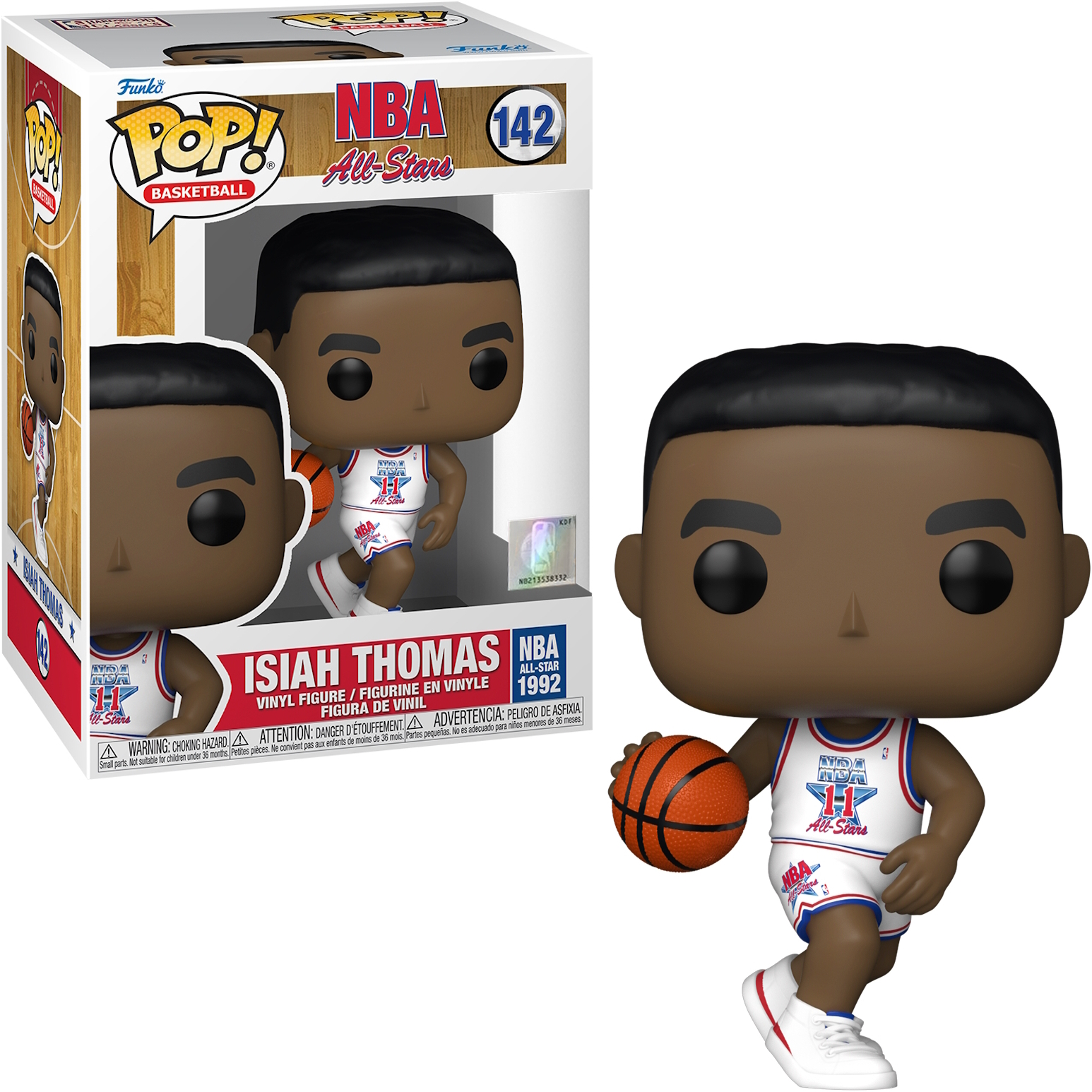 Isiah Thomas-Figur von den NBA All-Stars. In der Box und draußen. Trikot mit Basketball.