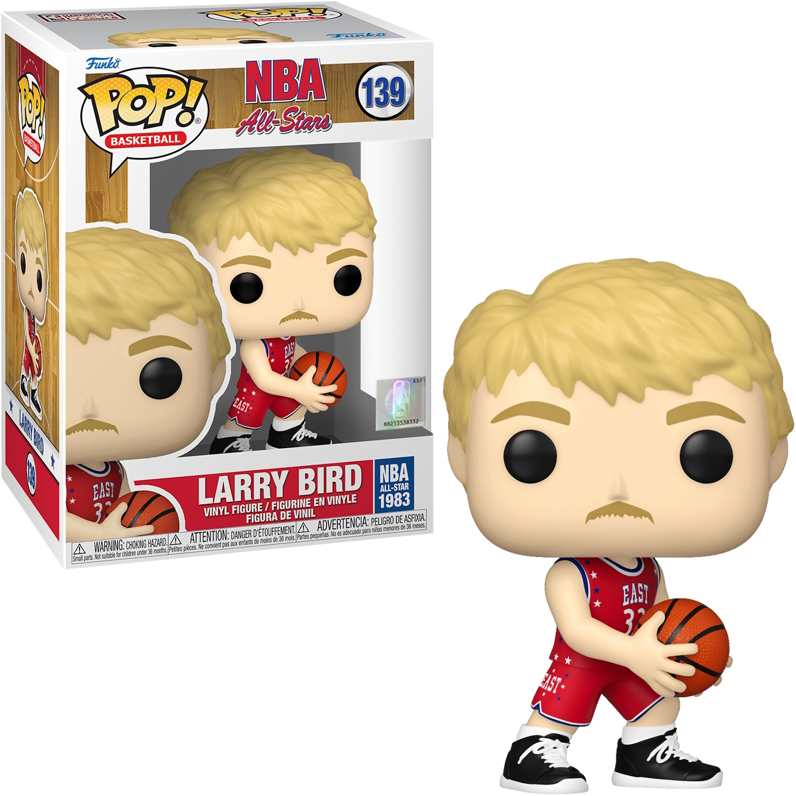 Funko Pop! Larry Bird Figur in und außerhalb der Box. Die Figur trägt eine Basketballuniform.