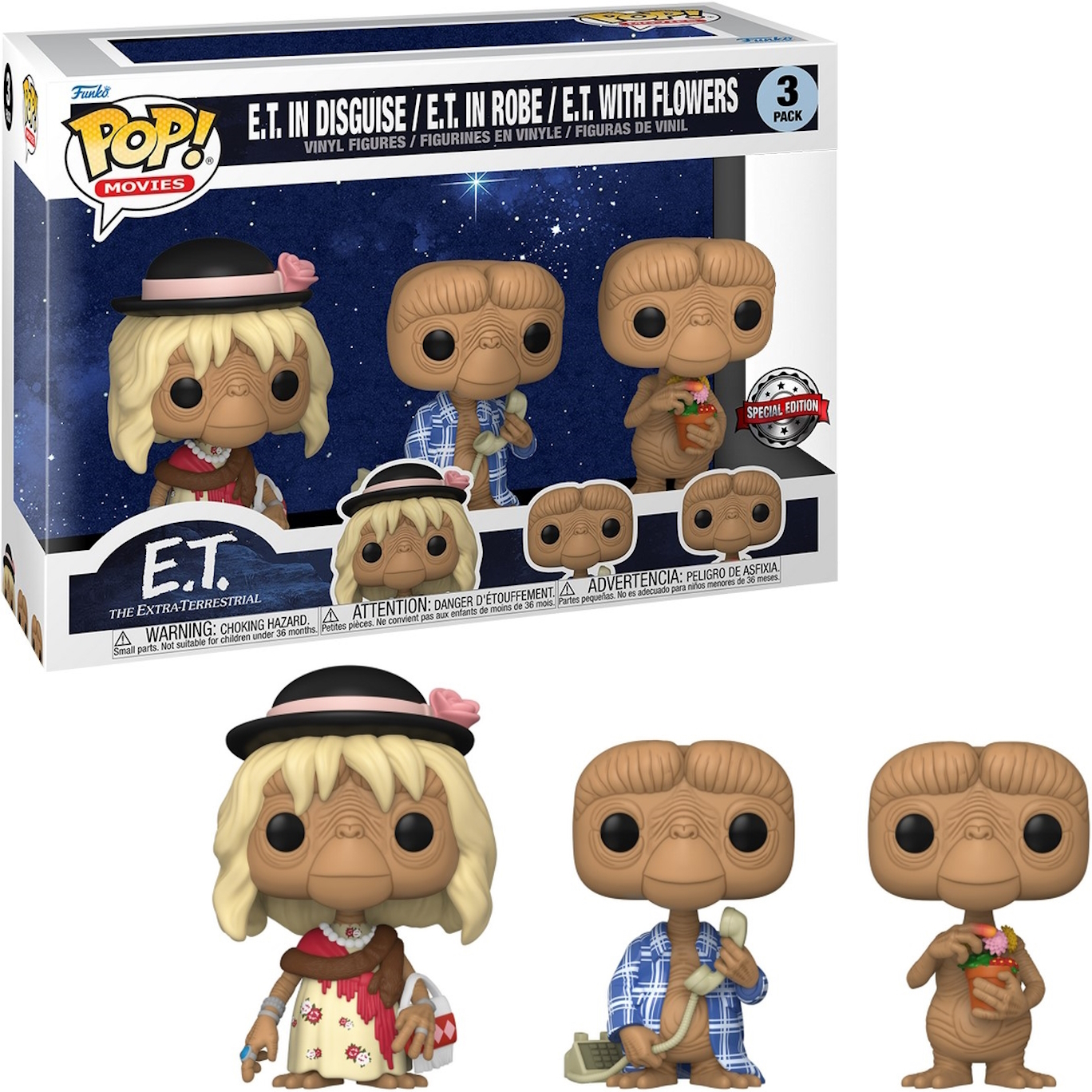 Trzy figurki E.T. Funko Pop w pudełku, ze szczegółami takimi jak kapelusze, ubrania i kwiaty. Etykieta edycji specjalnej.