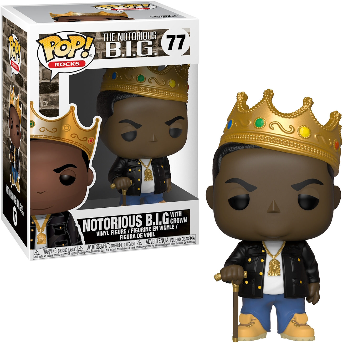 Figura Funko Pop di Biggie Smalls con corona, in scatola. Giacca nera, catena d'oro e bastone.