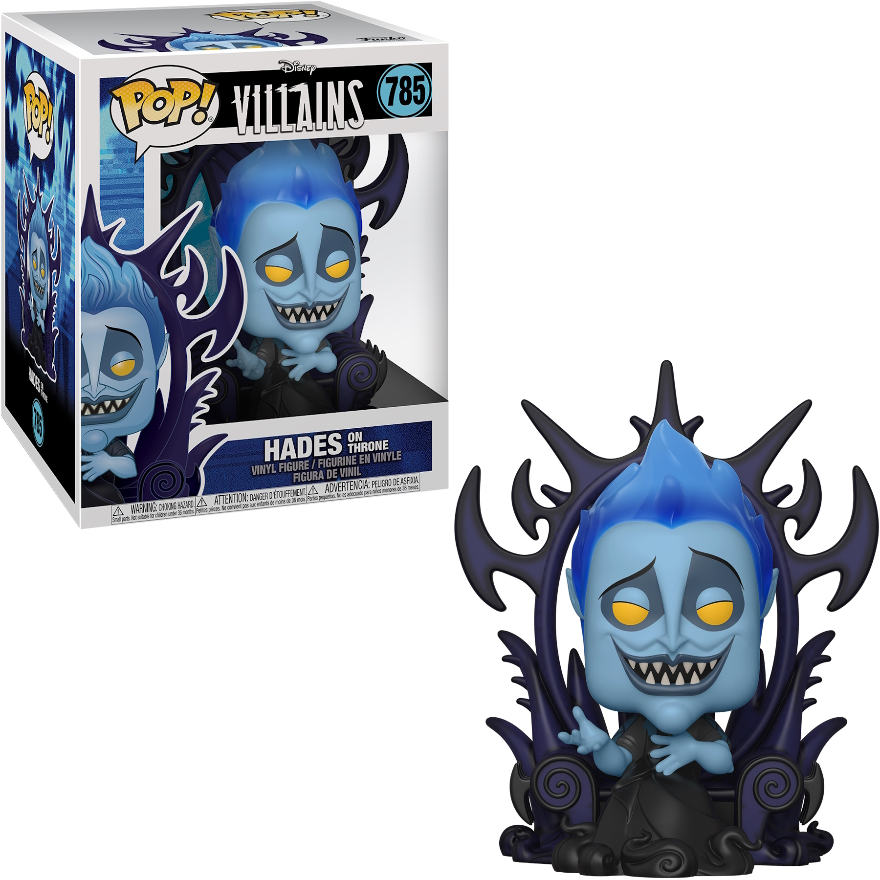 Figura Hades Funko Pop dentro e fuori dalla scatola. La figura è su un trono.