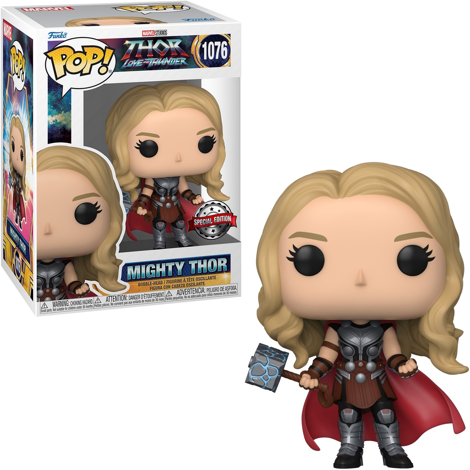 Eine Mighty Thor Funko Pop Figur in ihrer Box. Die Figur ist blond und hält einen Hammer.