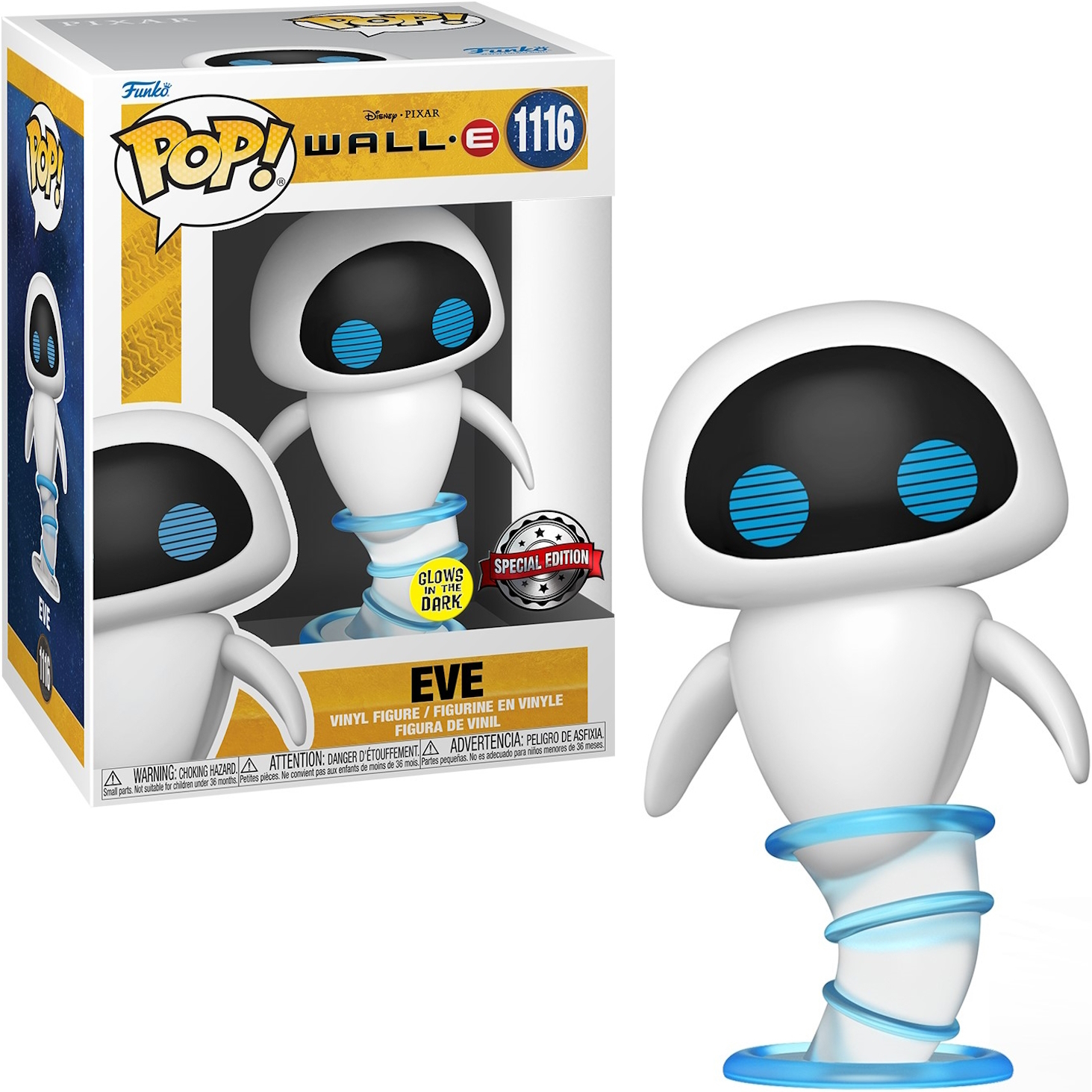 Weiße Funko Pop Figur von EVE, aus WALL-E, mit blauem Leuchtelement und Box.