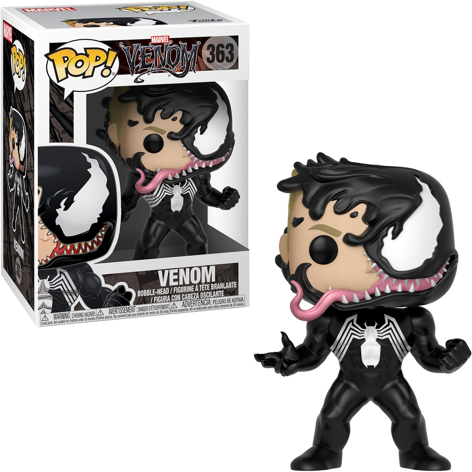 Figura y caja de Venom Funko Pop, ojos y dientes blancos, traje negro, lengua fuera.