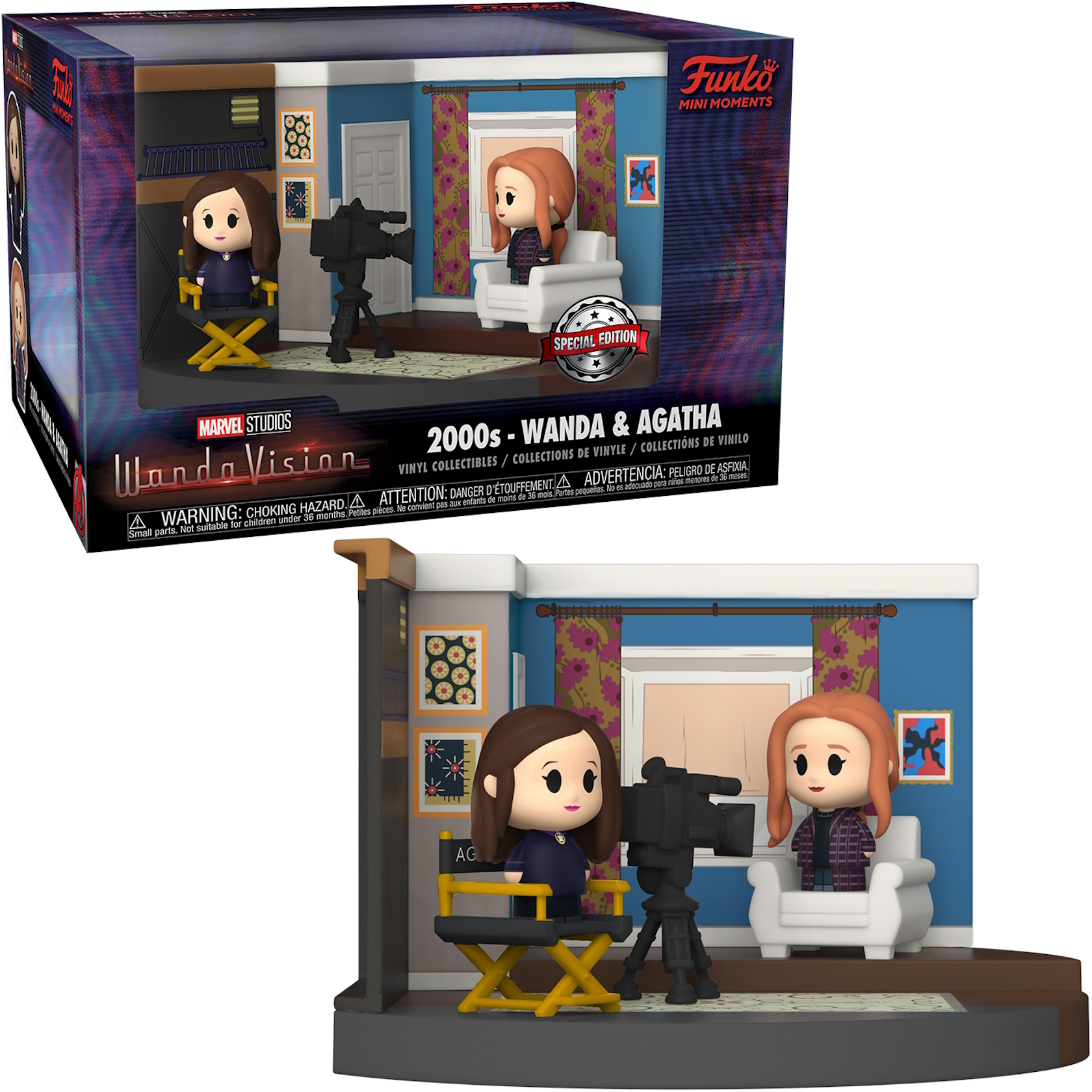 Set Funko: Wanda & Agatha da WandaVision, inclusi personaggi, telecamera e dettagli del set.