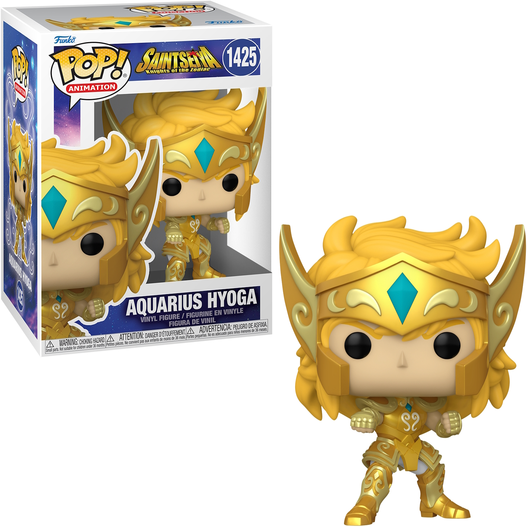 Figurka Funko Pop Aquarius Hyoga z Saint Seiya, w pudełku i poza nim. Figurka to złota zbroja.
