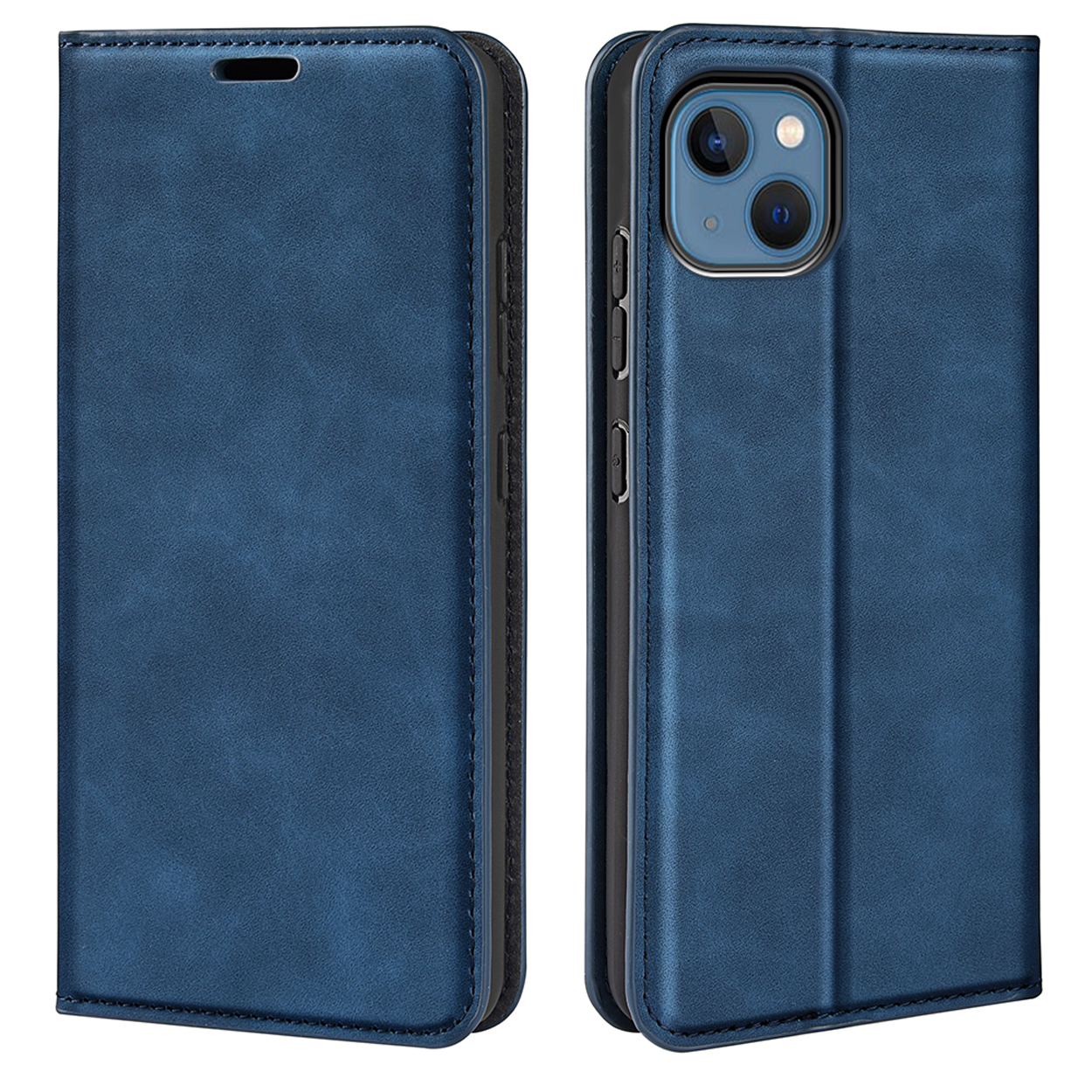 Een blauwe telefoonhoes met een flipcover, open en toont de telefoon.