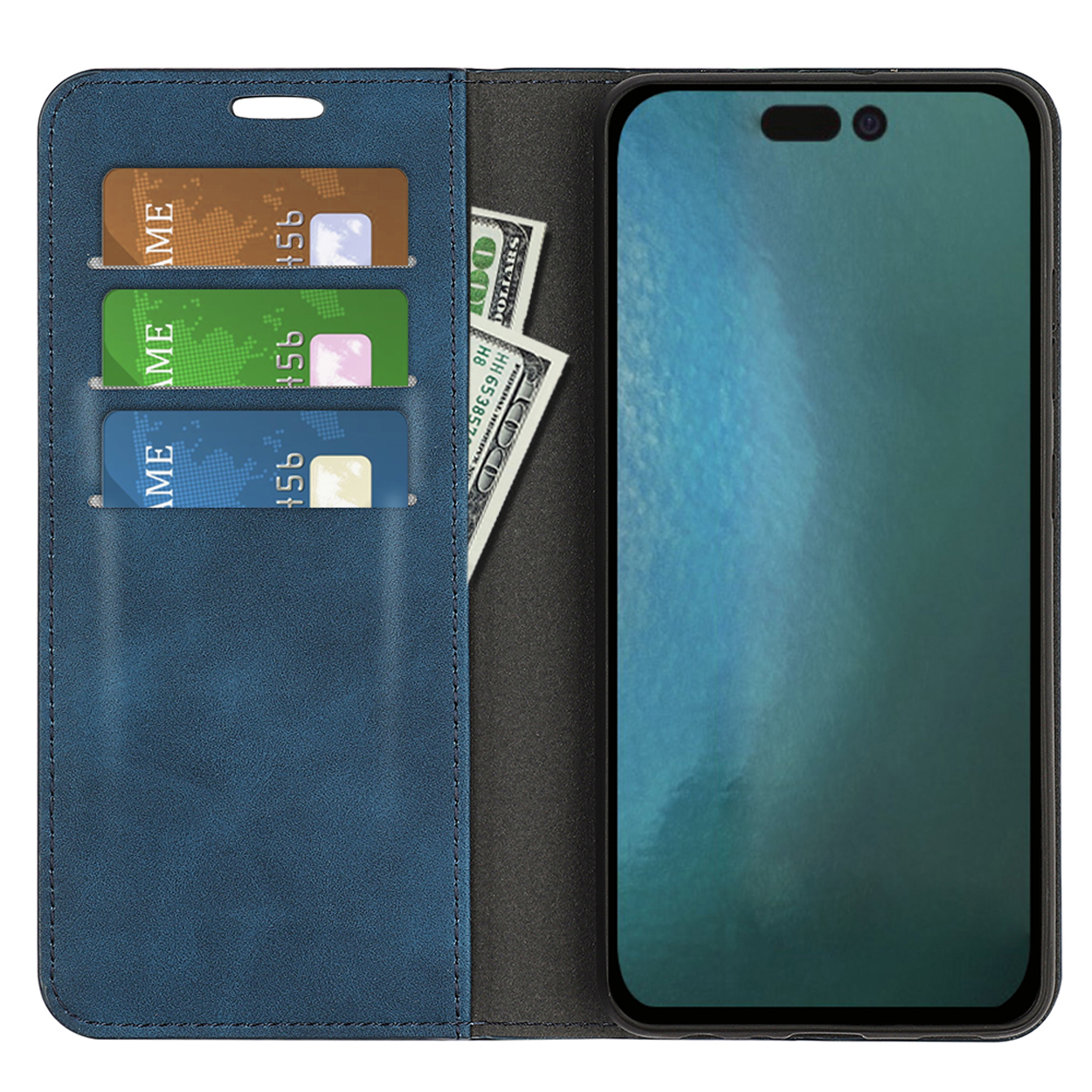 Blauw telefoonhoesje met kaartsleuven, met drie kaarten en een stapel dollars. Telefoon rechts.