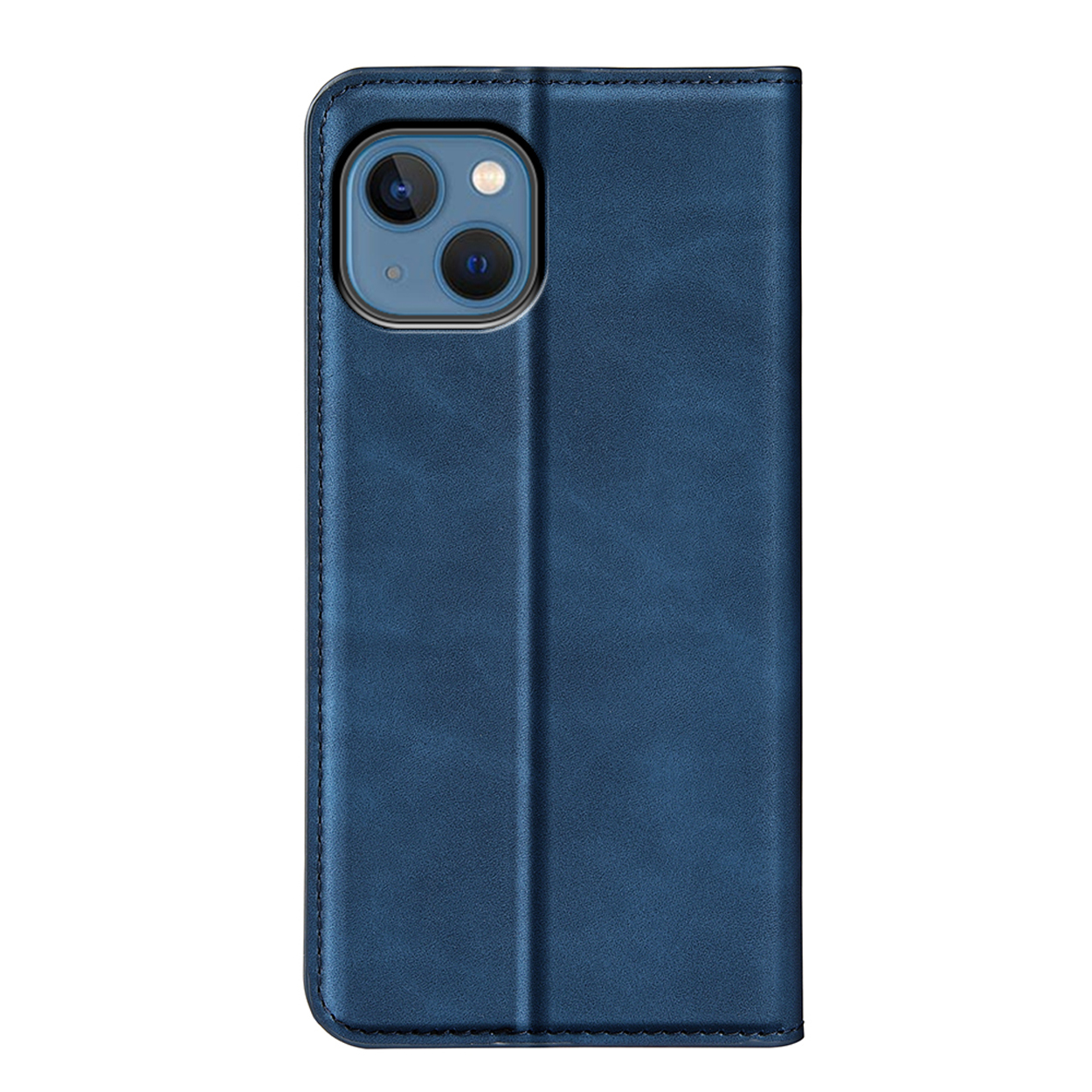 Blauwe leren telefoonhoes, gesloten, met de camera van de telefoon zichtbaar.