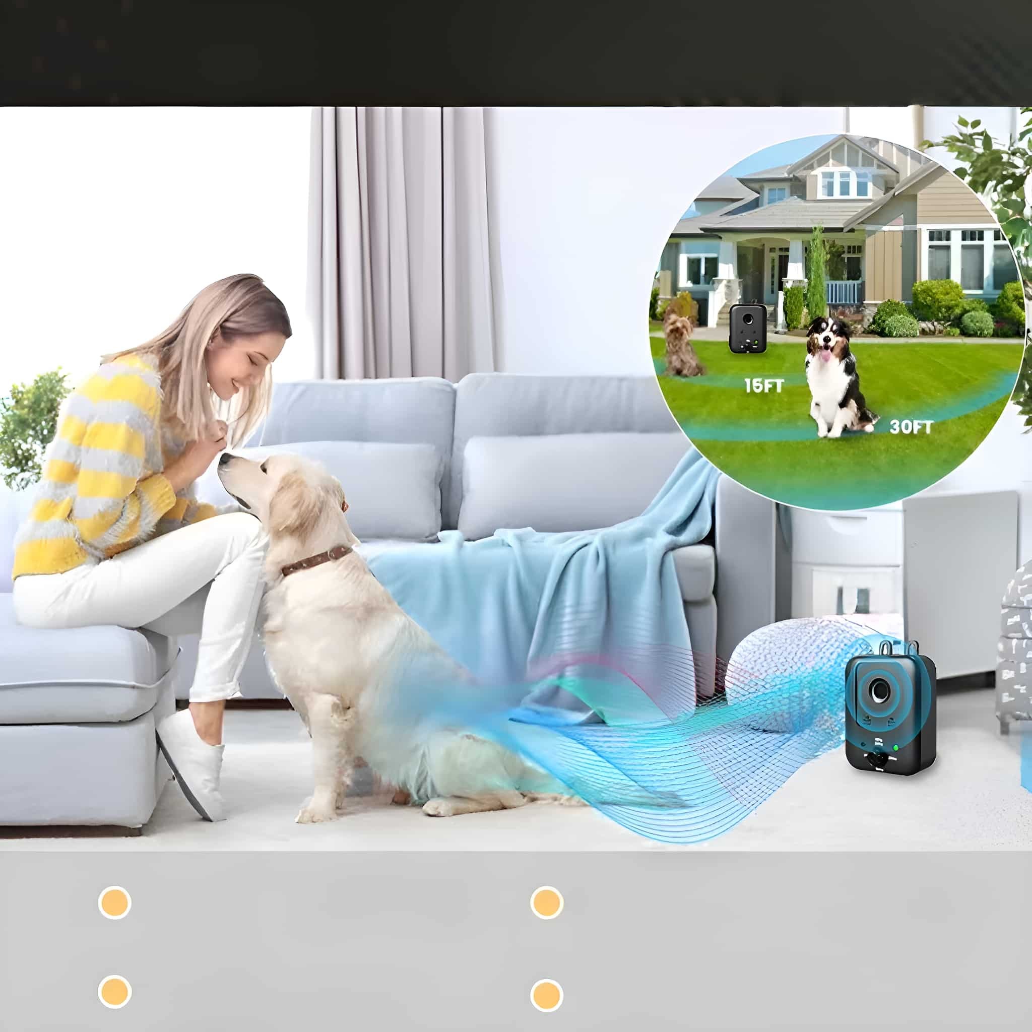 Frau und Hund drinnen, Diagramm eines Hundezauns draußen. Haus im Hintergrund.