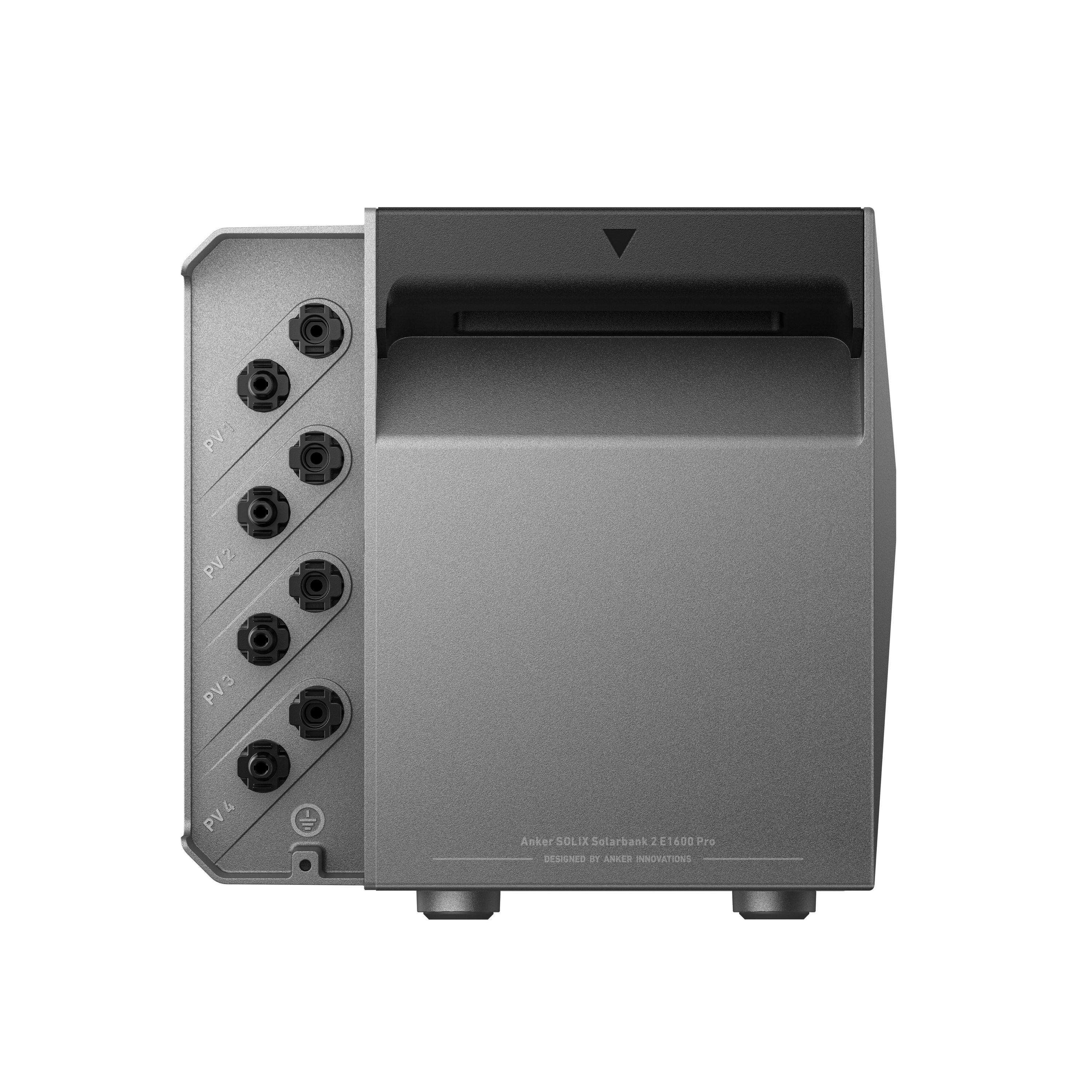 Srebrny power bank z kilkoma wejściami PV z boku i czarną górą.