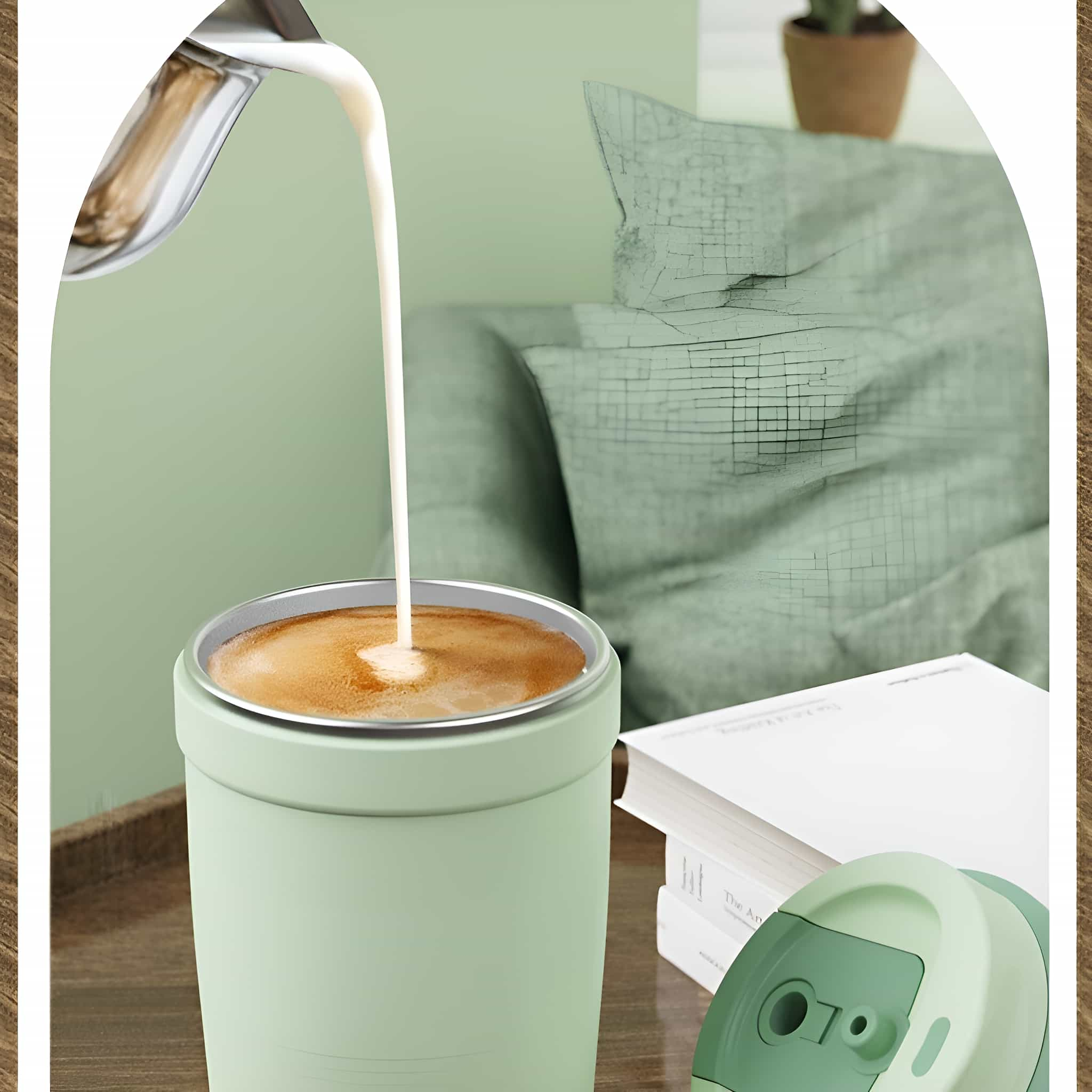 Eine Tasse wird mit Kaffee gefüllt. Ein Milchaufguss ist zu sehen. Ein Buch und ein Deckel sind im Hintergrund.
