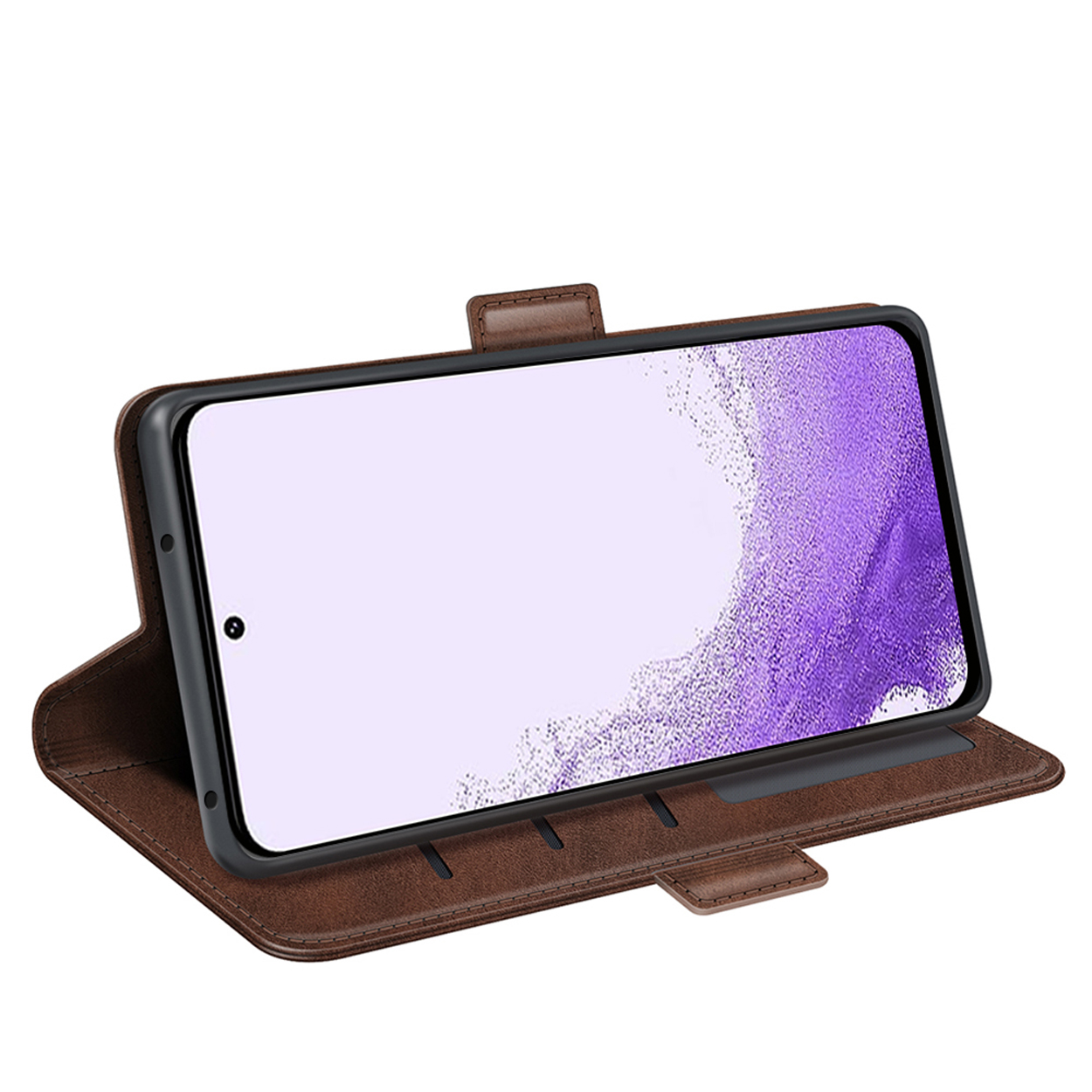 Telefoon in een bruine leren hoes, open. Scherm aan, met een paarse achtergrond.