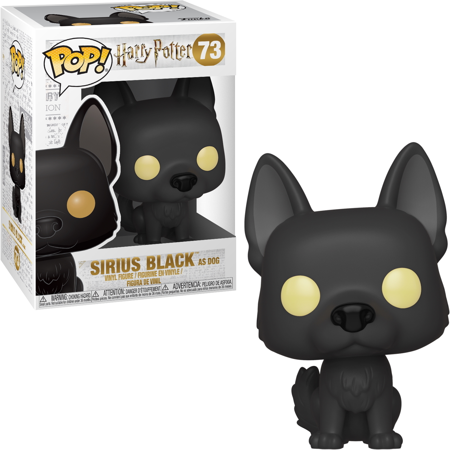 Sirius Black als Hund, schwarze Funko Pop Figur in der Box. Gelbe Augen, schwarzes Fell.