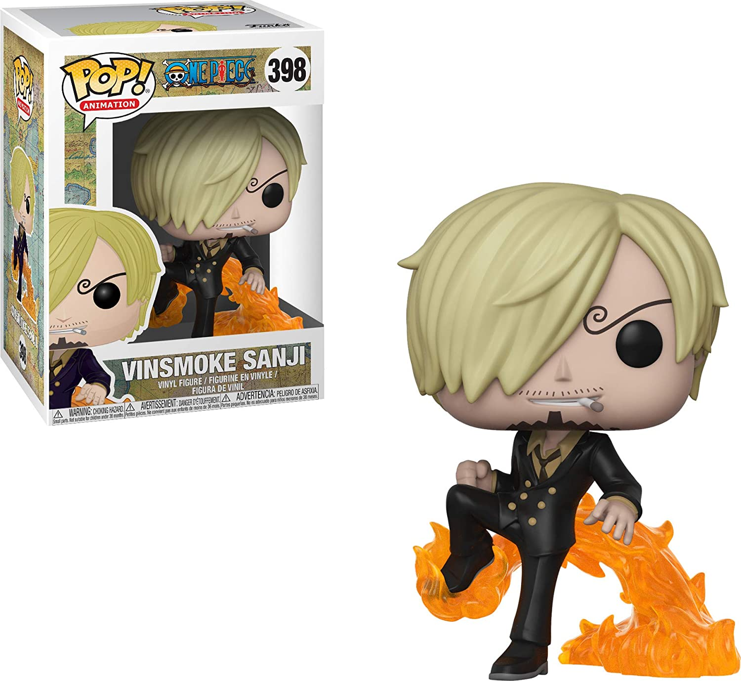 Sanji Funko Pop-figuur en doos. Figuur staat in brand, met blond haar en een sigaret.