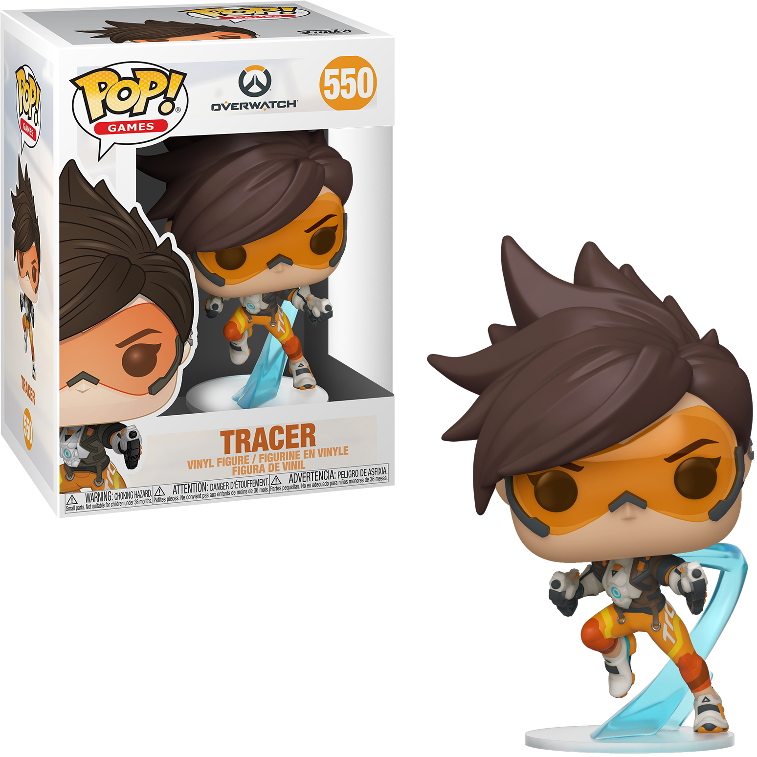 Figurka Tracer Funko Pop z pudełkiem. Pomarańczowo-biała figurka z brązowymi włosami, w dynamicznej pozie.