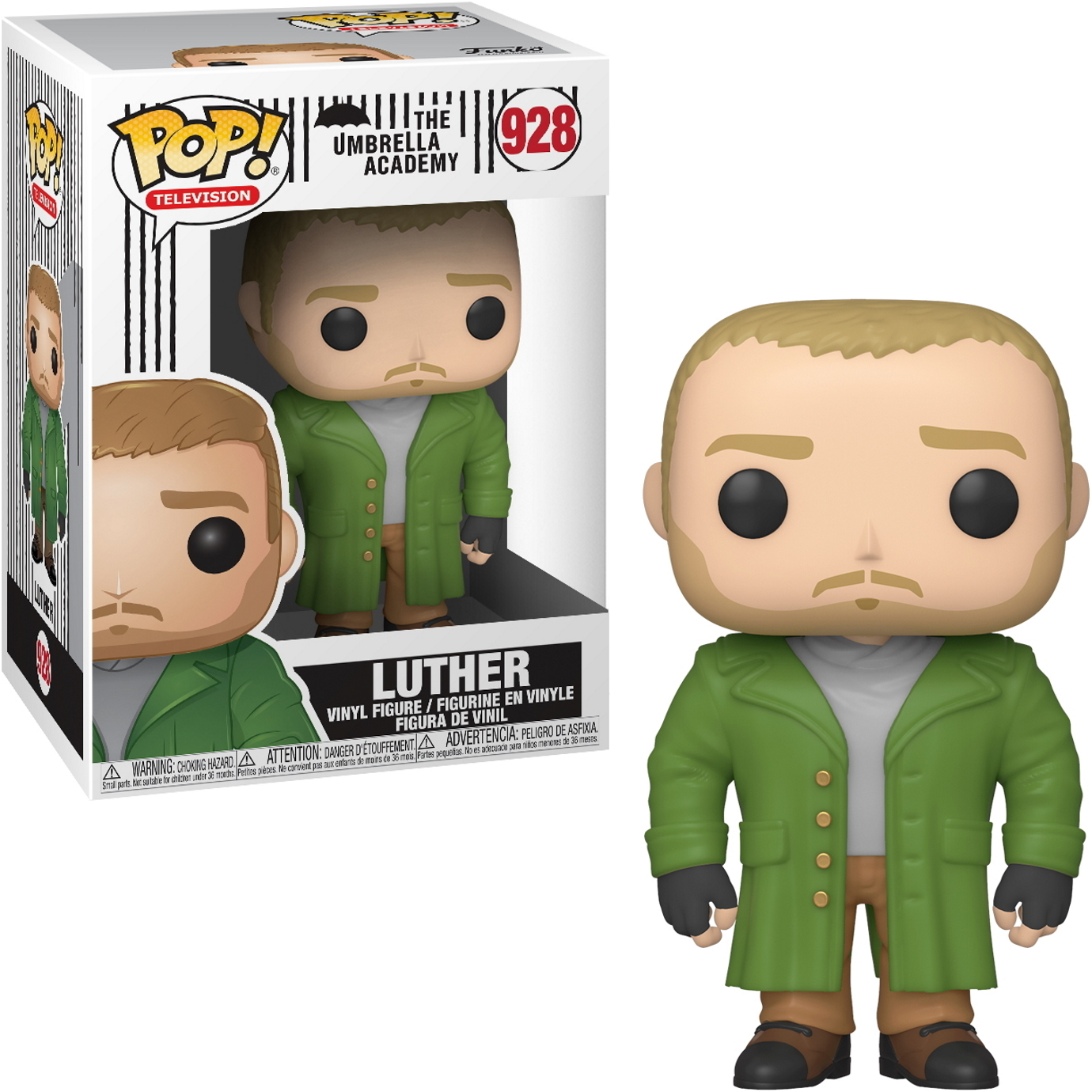 Una figura Funko Pop di Luther da The Umbrella Academy, con cappotto verde e maglione grigio.