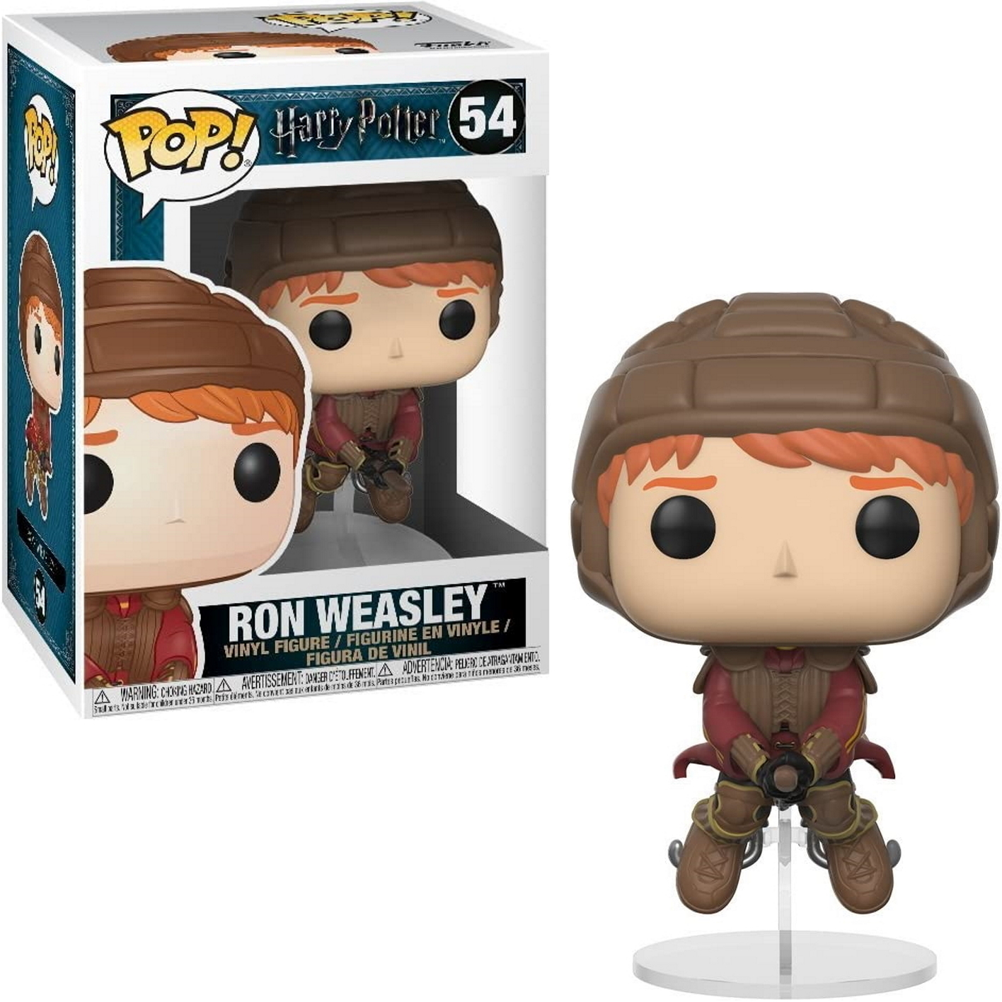Figurka Funko Pop! Rona Weasleya w stroju do Quidditcha, w pudełku. Figurka jest pomarańczowa i brązowa.