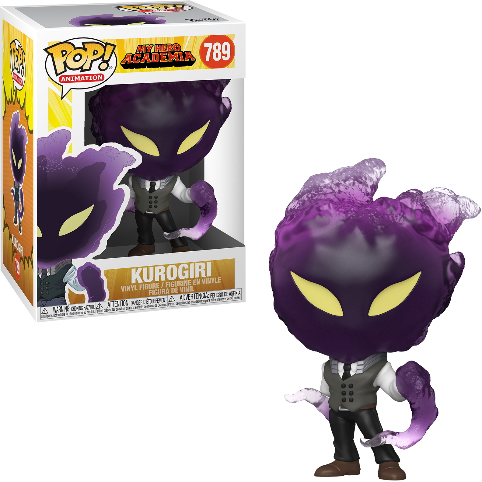 Figura Kurogiri Funko Pop en una caja. La figura es morada y negra con un atuendo gris, de My Hero Academia.