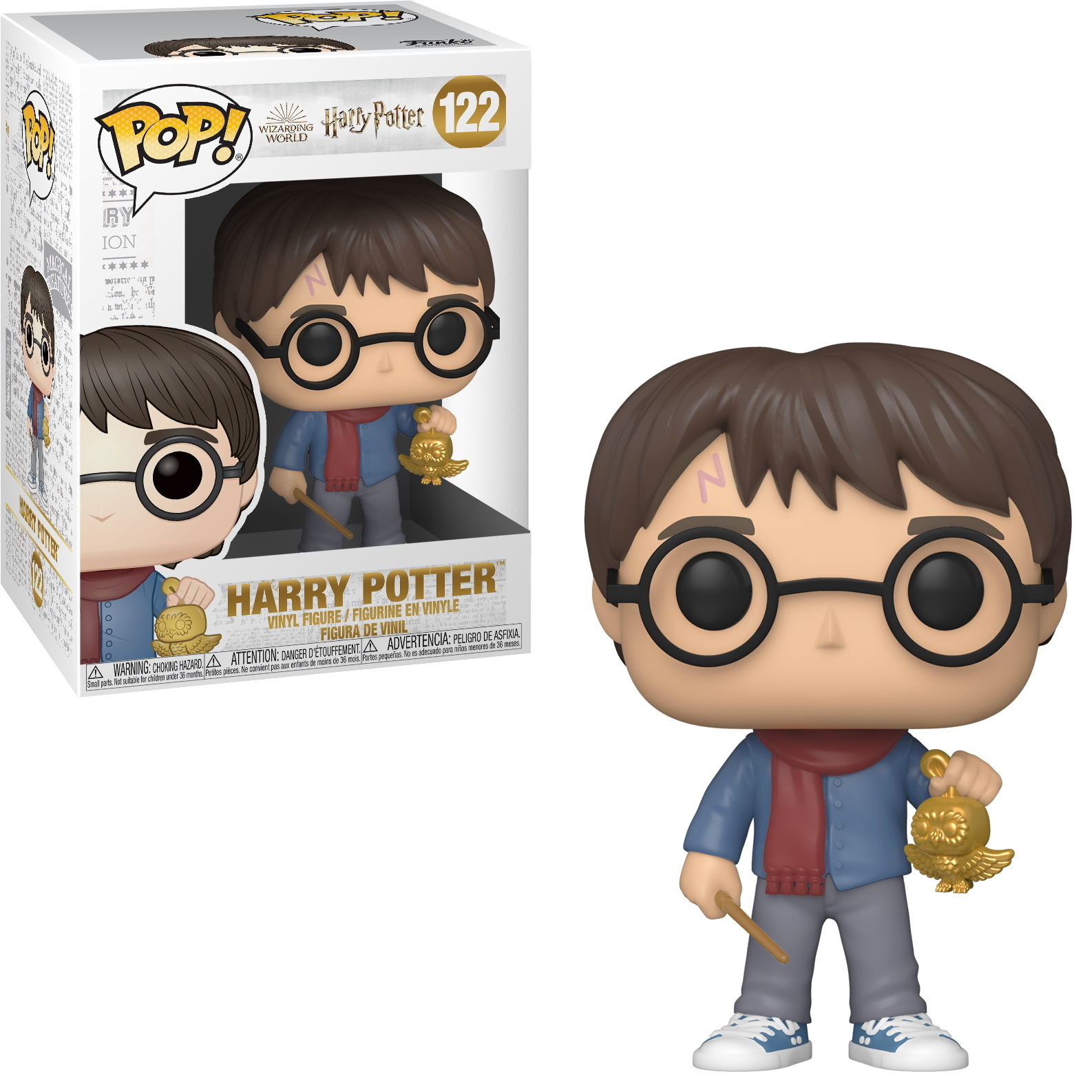 Figurina di Harry Potter con scatola, tiene un boccino d'oro.