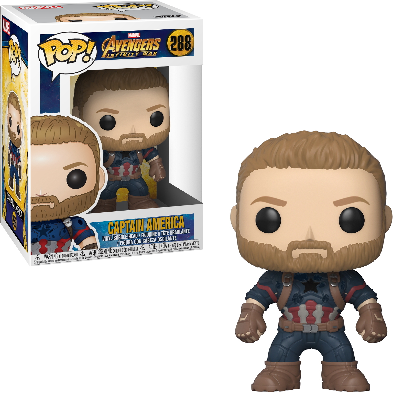 Figurka Kapitana Ameryki z pudełkiem, w swoim stroju Avengers.