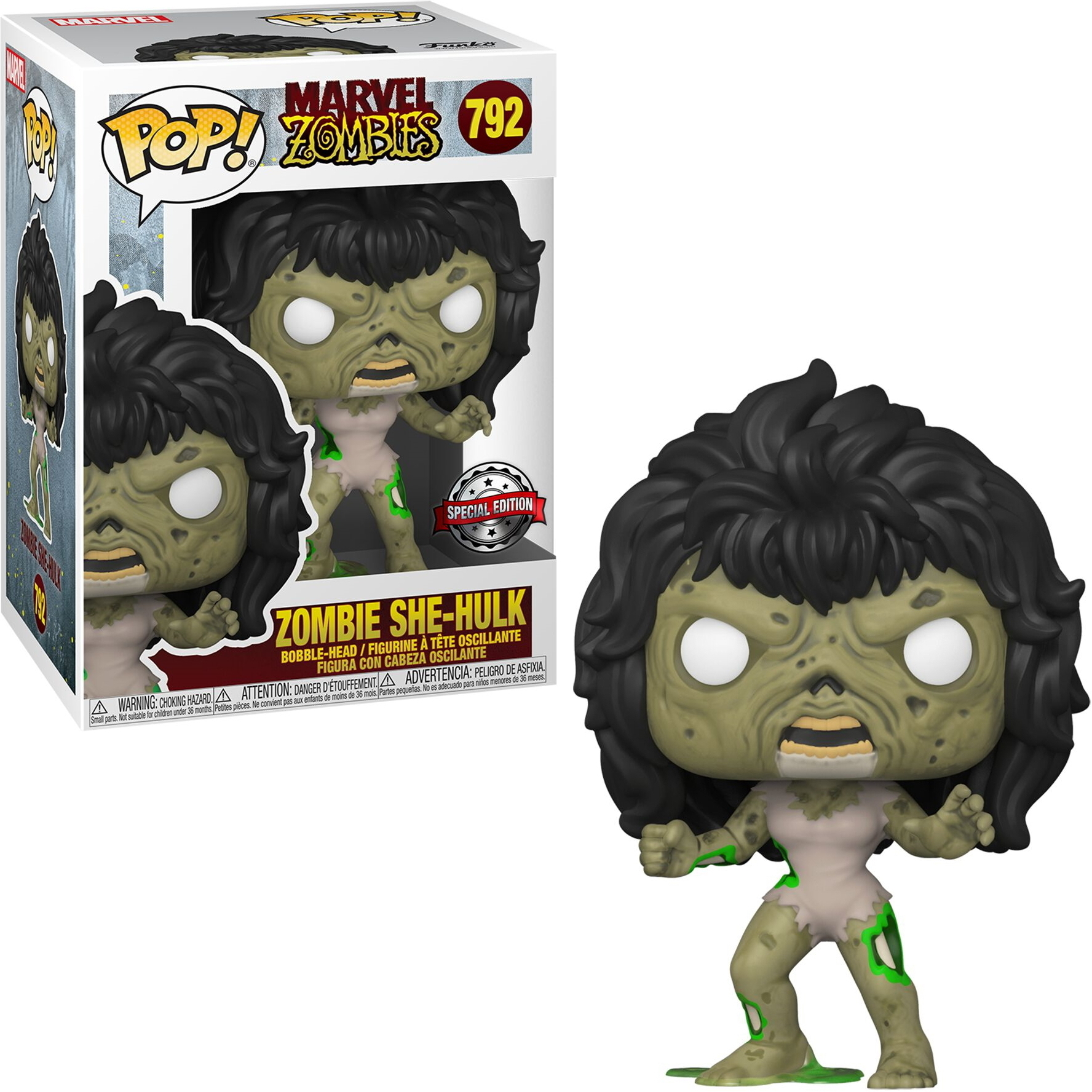 Funko Pop Figur von Zombie She-Hulk mit grünen Akzenten. Die Figur befindet sich in ihrer Verpackung.