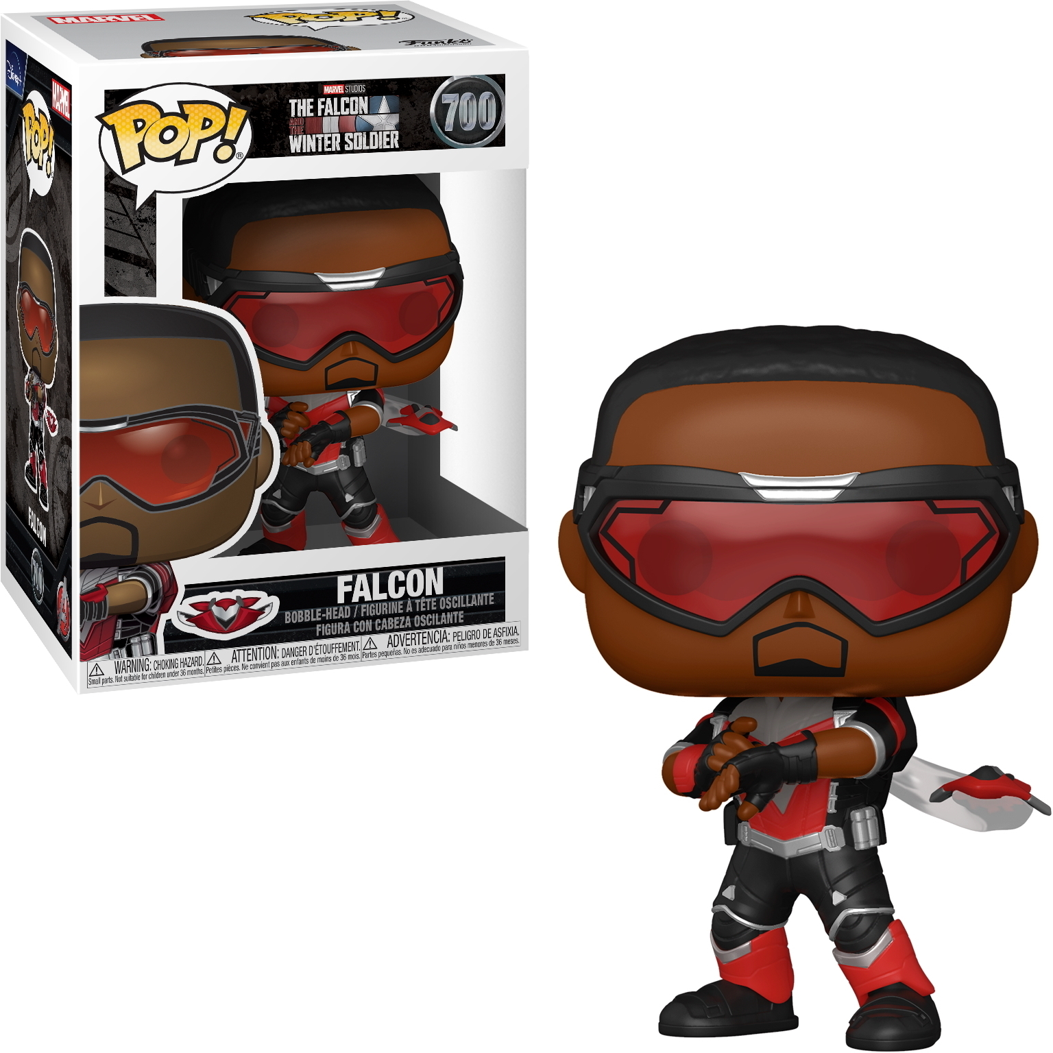 Figurka Funko Pop Falcona w czarno-czerwonym kostiumie. W pudełku, z imieniem i logo postaci.