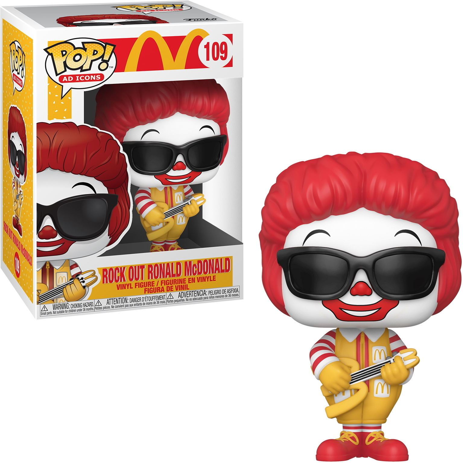 Eine Ronald McDonald Figur. Er trägt eine Sonnenbrille und hält eine Gitarre.