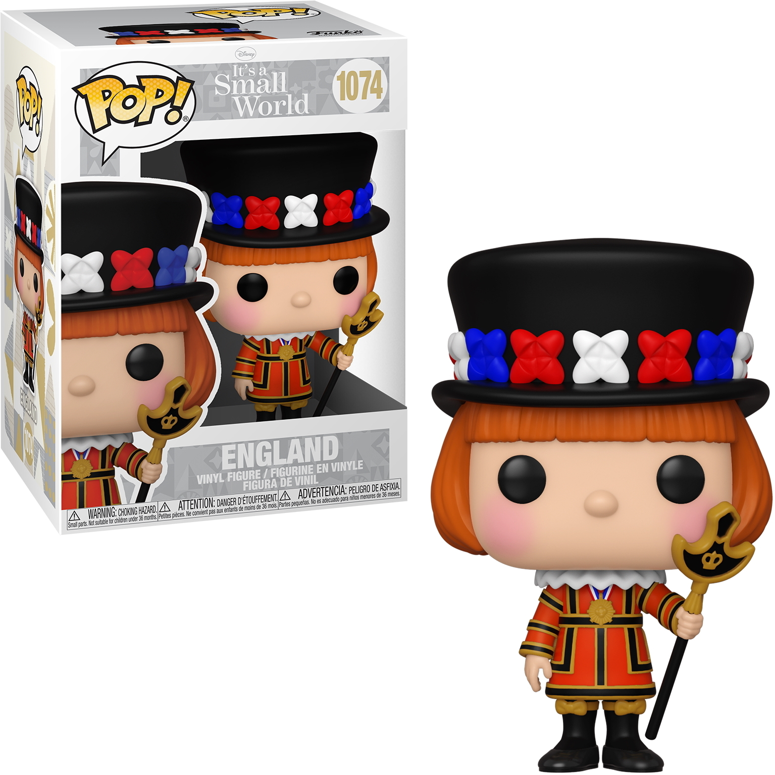 England It's a Small World Funko Pop Figur, in einer Anzeige, mit einer Box.